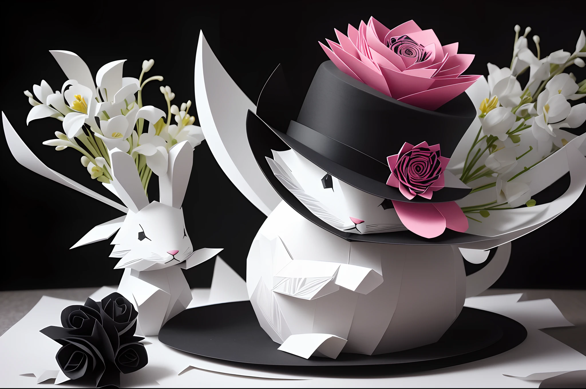 Paper cut image of a white rabbit inside a black hat. Kirigigami, paper art, Highly detailed, colourful. Flowers around.