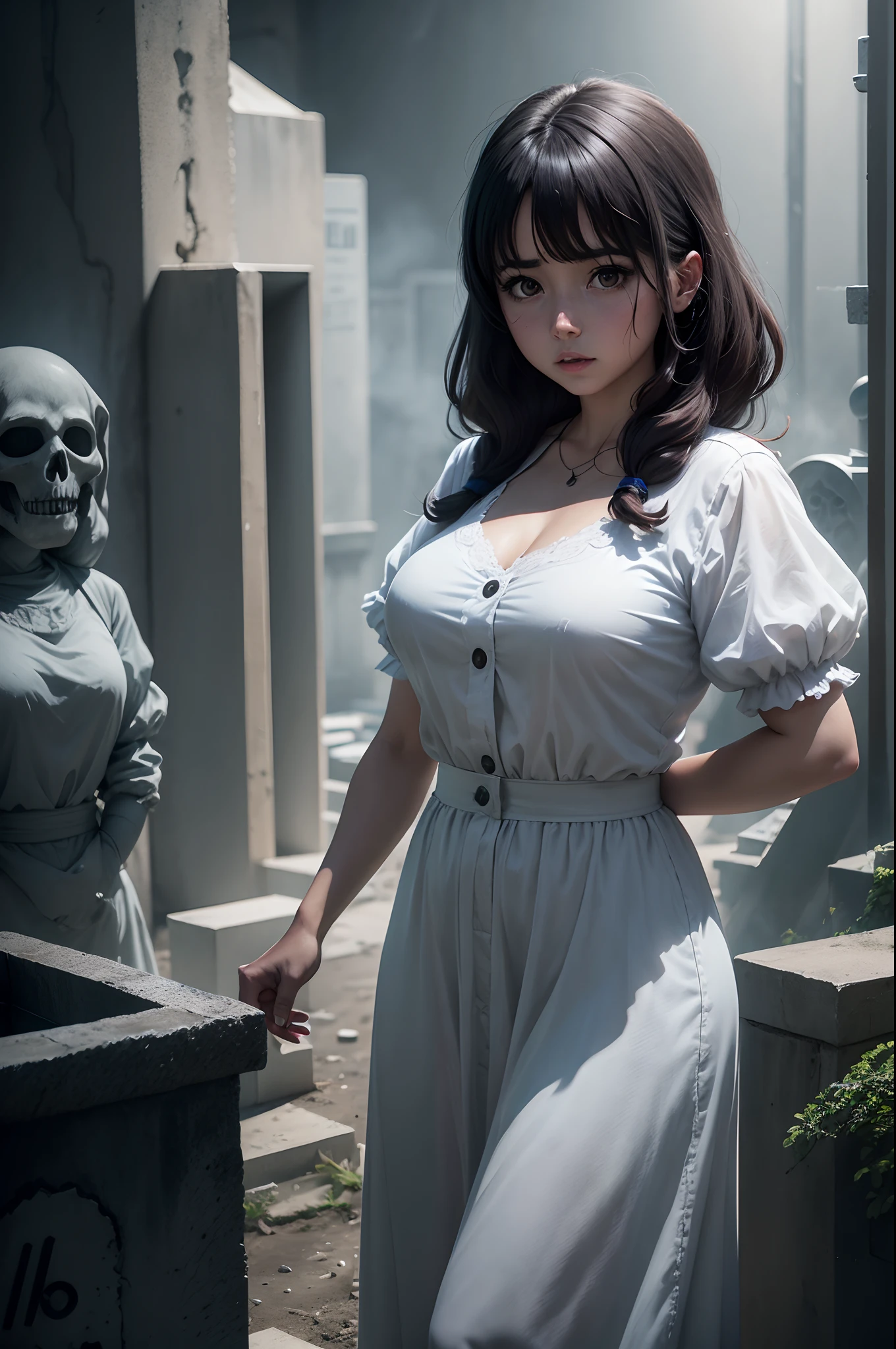 1 chica anime investigadora de fantasmas en un cementario sentada con minifalda y hombros descubiertos al rededor fantasmas