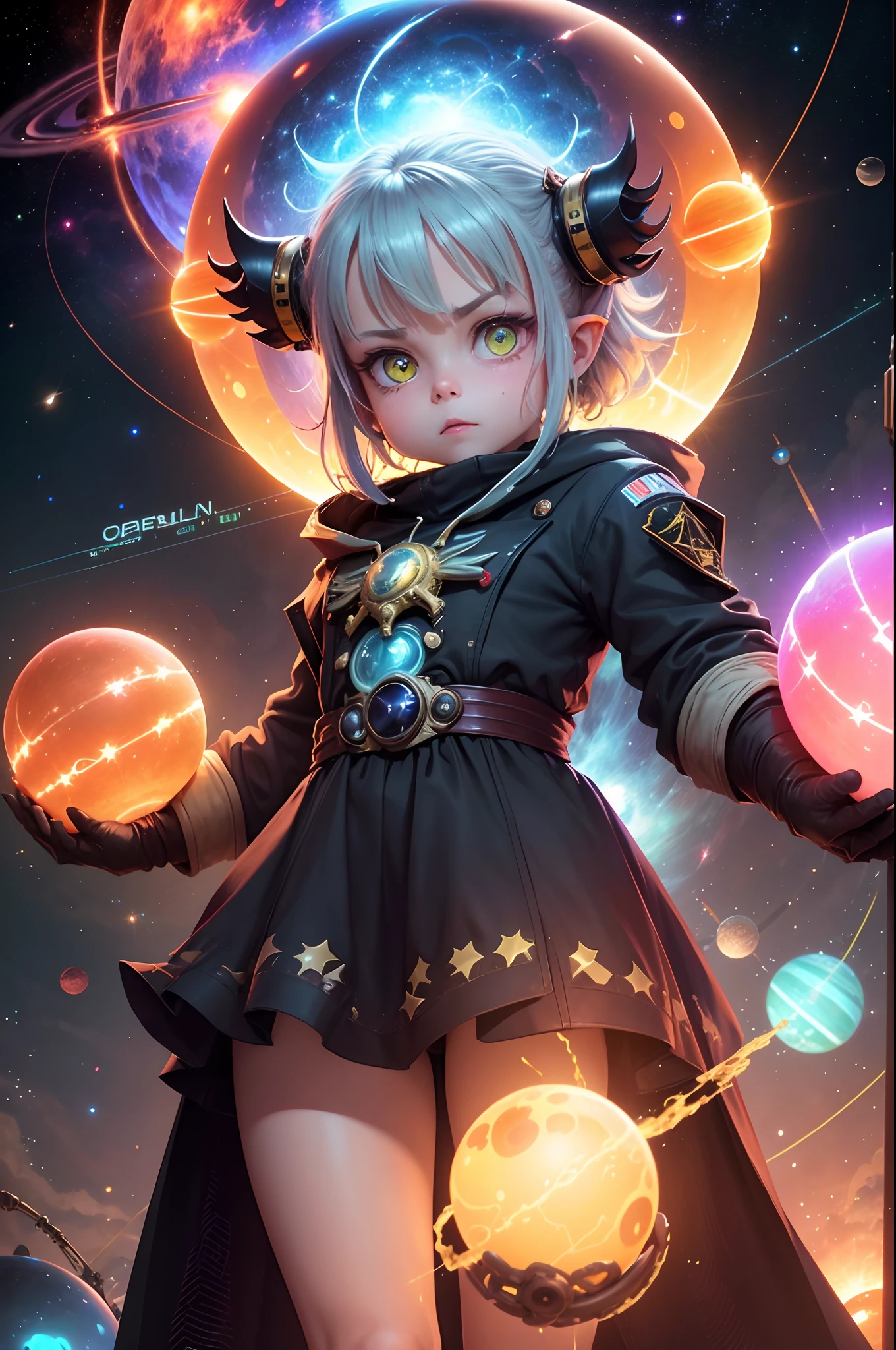 gremlin overlord, water ball, solar system, intergalactic, neon, star clusters, alien technology, warp gates, cosmic energy