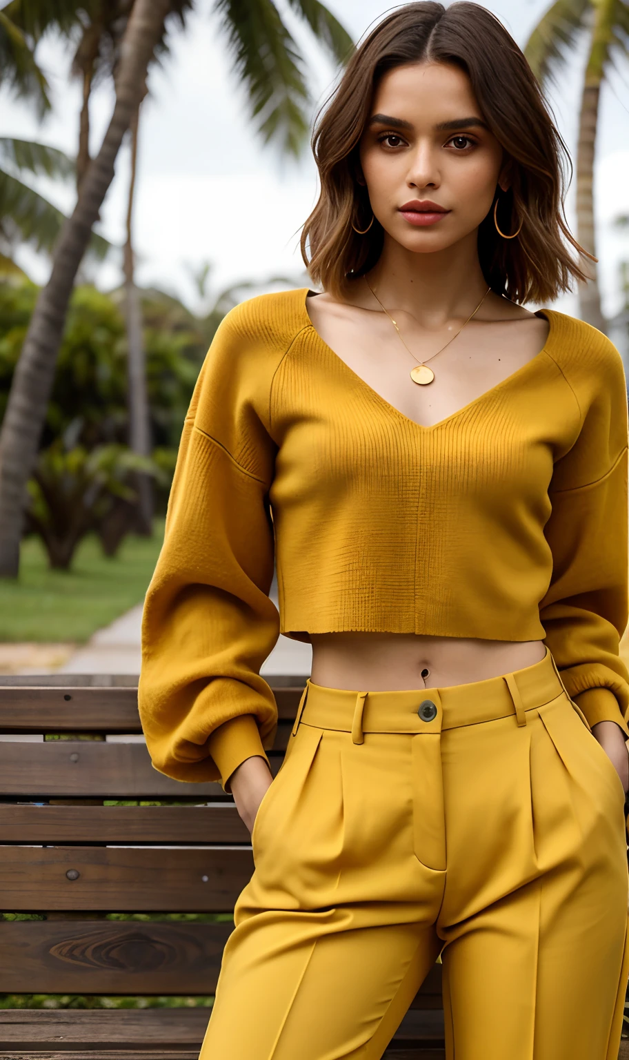Uma mulher branca, cabelo longo brunette, Standing on a bench wearing a brown top and mustard pants, 7 0 s vibe, mustard pants, manga larga cropped |, 7 0 s estilo, usando um top cropped, ocre detalhes, usando um top cropped, usando um top cropped sexy, vestindo um pescador 🧥, vestindo croptop marrom, roupa intrigante, Tons terrosos, cores terrosas, marrom e dourado