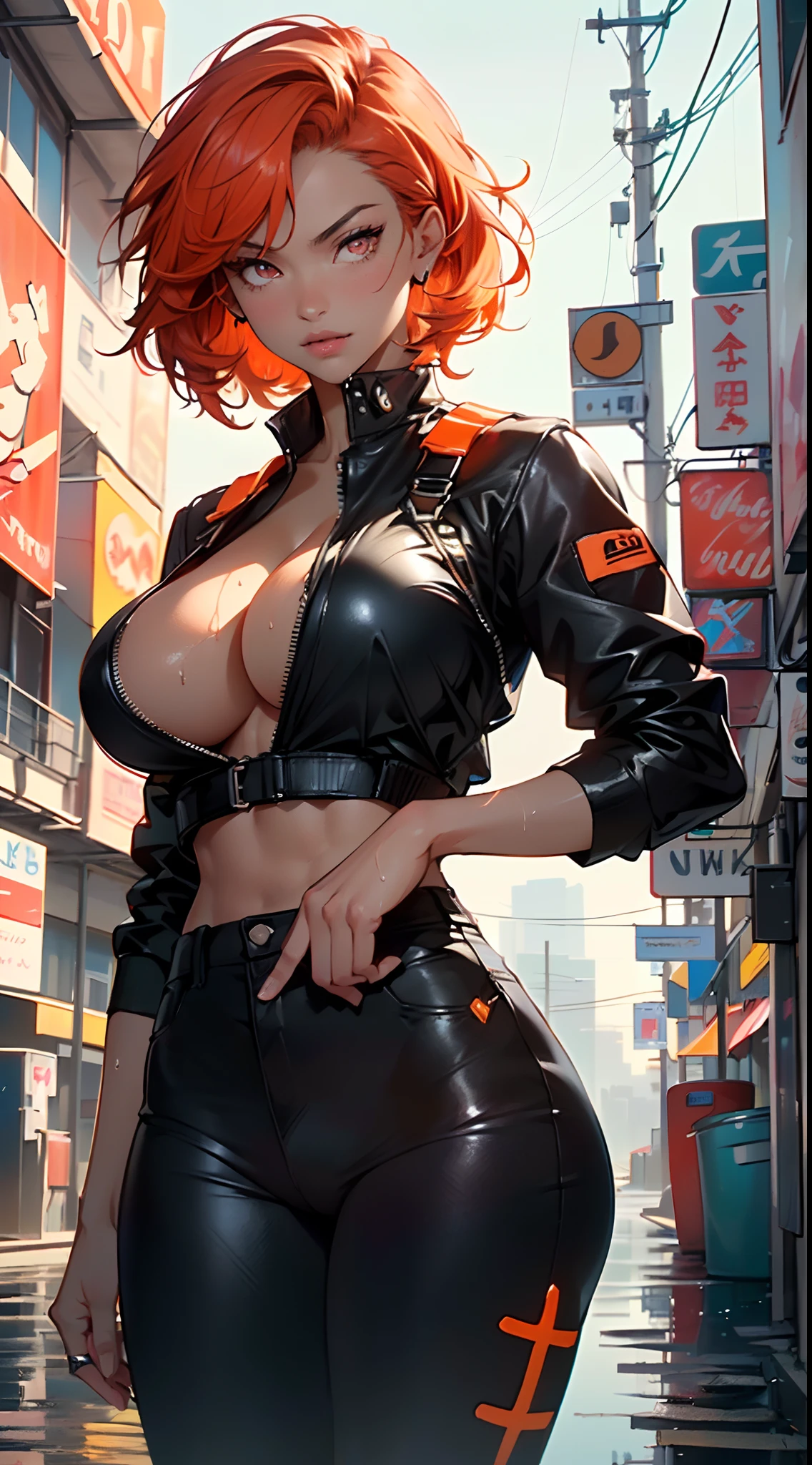 mechanical girl,(1girl: 1.3),((1 black girl with extremely cute and beautiful red hair)),((((black race)))),
(big breasts: 1.4),sagging breasts,(((short red hair: 1.35,cropped,redhead,very short hair))),(((neon_orange_eyes:1.3))),intricate eyes,beautiful detailed eyes,symmetrical eyes,(fat),((((tan,dark skin,black skin:1.35,dark-skinned_female,dark skin:1.3,ebony skin,lustrous skin:1.5,bright skin: 1.5,shiny skin,very shiny skin,shiny body,illuminated skin,wet legs)))),(spider lower abdomen,narrow waist,wide hip ,athletic body,inflated legs,delicate and detailed fingers,detailed body,(detailed face)),((muscle legs)),((muscular thighs)),((muscular girl)),((strong and muscular,bodybuilder,strong body,muscular,feminine and muscular)),((,ABS)),(huge stature,tall stature,very tall girl),
cute,slutty,sensual,seductive look,seductive,erotic,((nsfw)),
(fitted overalls: 1.3,suit unbuttoned),((mechanical tools on his clothing)),(((huge cleavage))),((wet clothes,intricate outfit,intricate clothes)),
(dynamic pose:1.0),embarrassed,(centered,scale to fit dimensions,Rule of thirds),
cyberpunk city by the ocean at night, with bright neon signs and dark stormy clouds and puddles, scenery:1.25,
artistic photography,(photography taken by sldr),highres, sharp focus, (ultra detailed, extremely detailed), (photorealistic artwork:1.37),(extremely detailed CG unity 8k wallpaper),((synthwave background theme)),(((vibrant colors))),(intricate background),(masterpiece),(best quality),