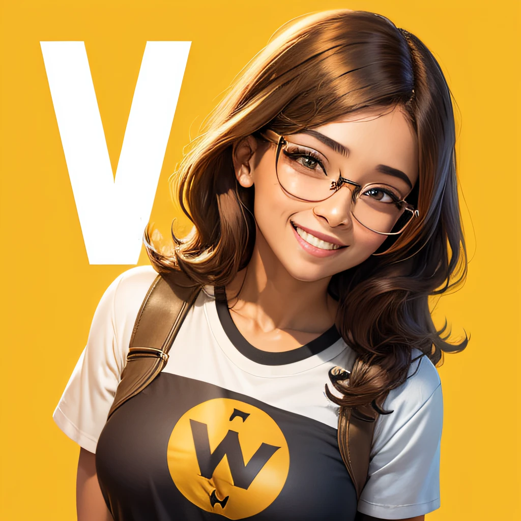woman with glasses, smiling, brown hair above her shoulders, light brown skin, symbol of strength, a heroine with the letter W on her shirt, as an emblem, yellow background