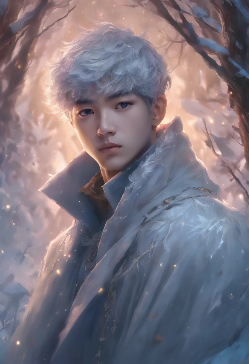 winter light, winter environment, masterpiece, young korean idol boy in focous shot, korean male,full body size, christmas theme, grey eyes, vertical pupils, forest, grey hair, cold look, light modern clothes, pale skin, colour grading, light illustration, the person in the middle, extreme quality, radiant, extremely detailed, ultra-detailed face, ultra hd 8k, ultra digitality, mythical, winter evening lightning, concept art portrait by Greg Rutkowski, artgerm, hyperdetailed, intricately detailed art, fantasy style, triadic colours, fantastical, intricate detail, splash screen, complementary colours, fantasy concept art, 8k resolution, deviantart masterpiece, oil painting, heavy strokes, soft lighting, film photography, analogue photography, film grain, Anna Dittmann, hyperrealism, oil dripping,boy,male, korean idol male face, short hair male,