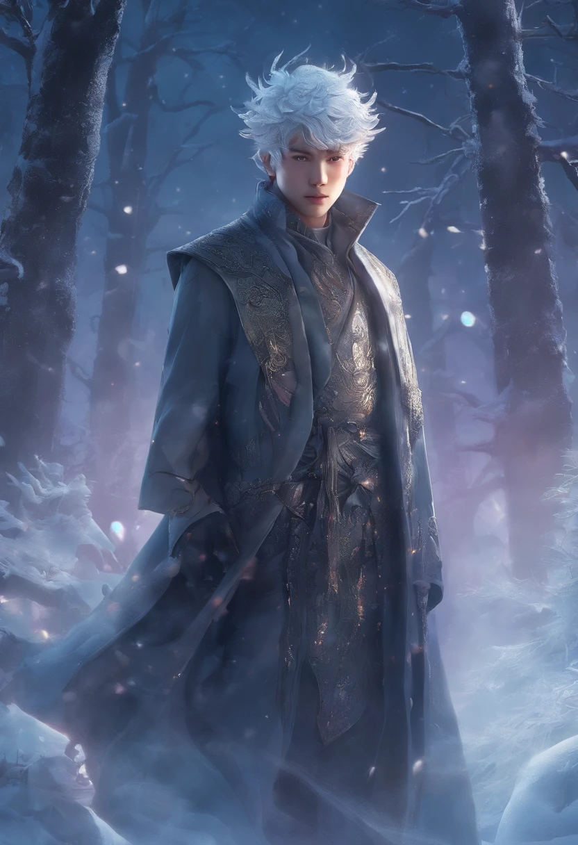 winter light, winter environment, masterpiece, young korean idol boy in focous shot, korean male,full body size, christmas theme, grey eyes, vertical pupils, forest, grey hair, cold look, light modern clothes, pale skin, colour grading, light illustration, the person in the middle, extreme quality, radiant, extremely detailed, ultra-detailed face, ultra hd 8k, ultra digitality, mythical, winter evening lightning, concept art portrait by Greg Rutkowski, artgerm, hyperdetailed, intricately detailed art, fantasy style, triadic colours, fantastical, intricate detail, splash screen, complementary colours, fantasy concept art, 8k resolution, deviantart masterpiece, oil painting, heavy strokes, soft lighting, film photography, analogue photography, film grain, Anna Dittmann, hyperrealism, oil dripping,boy,male, korean idol male face, short hair male,
