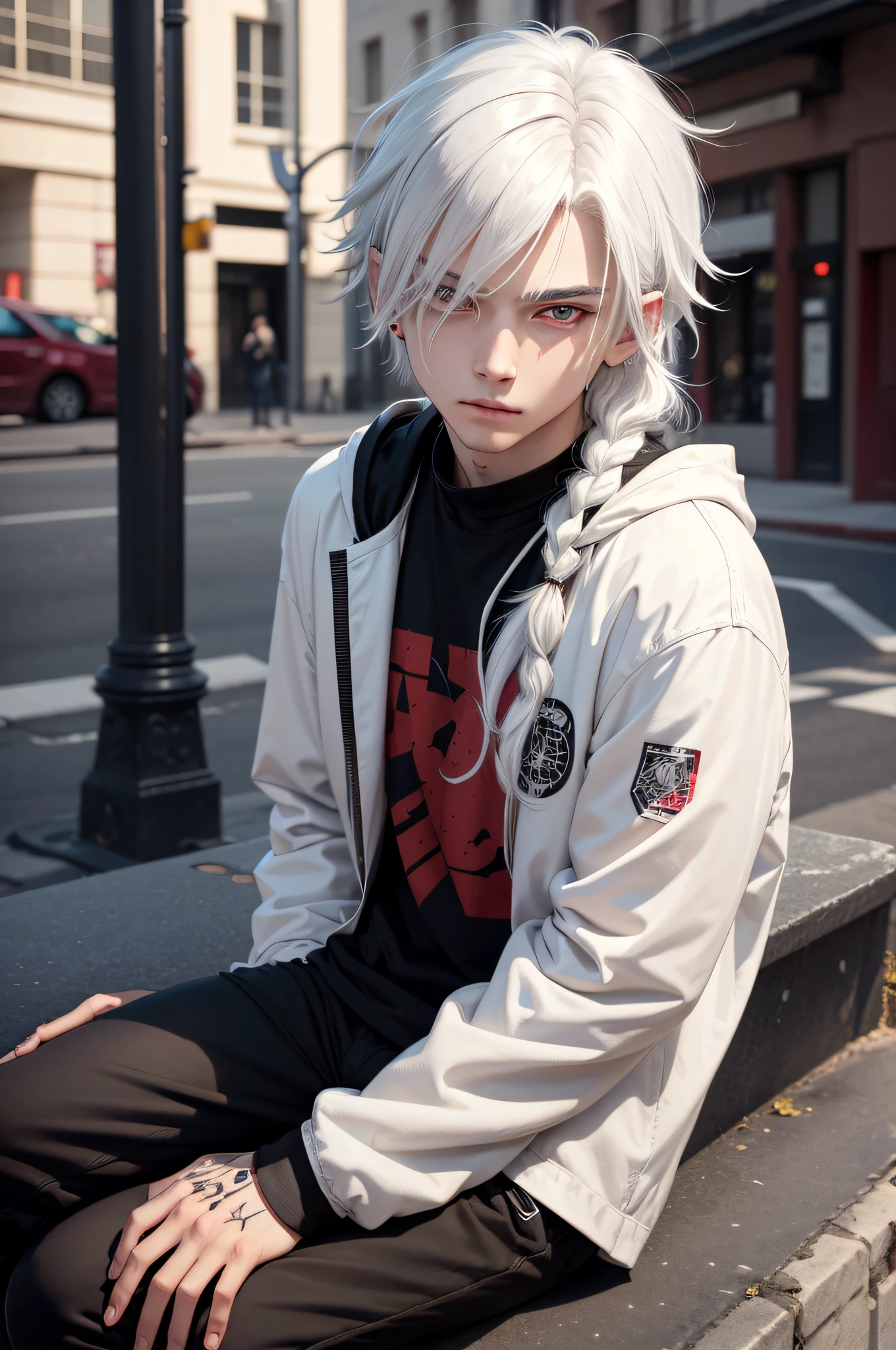 1boy, medium white hair, Red eyes, wearing black casual street clothes, city, high res, ultrasharp,8k, masterpiece, looking at viewer, handsome, high def hair , high def eyes, older look, sitting, hair slightly over eyes, emo, slightly messy hair, hair slightly covering one eye, french braided, anime style, tattoos