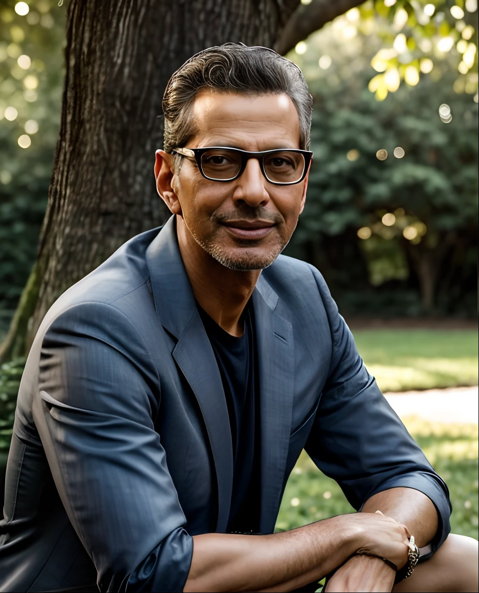 Looks like Jeff Goldblum, masterpiece, golden light, perfect lighting, focused, sitting at the base of a tree, leaning back, relaxed, portrait photography, ultra realistic, ultra detailed, smiling, offering you wise advice, rubbing his chin, hdr camera, 8k