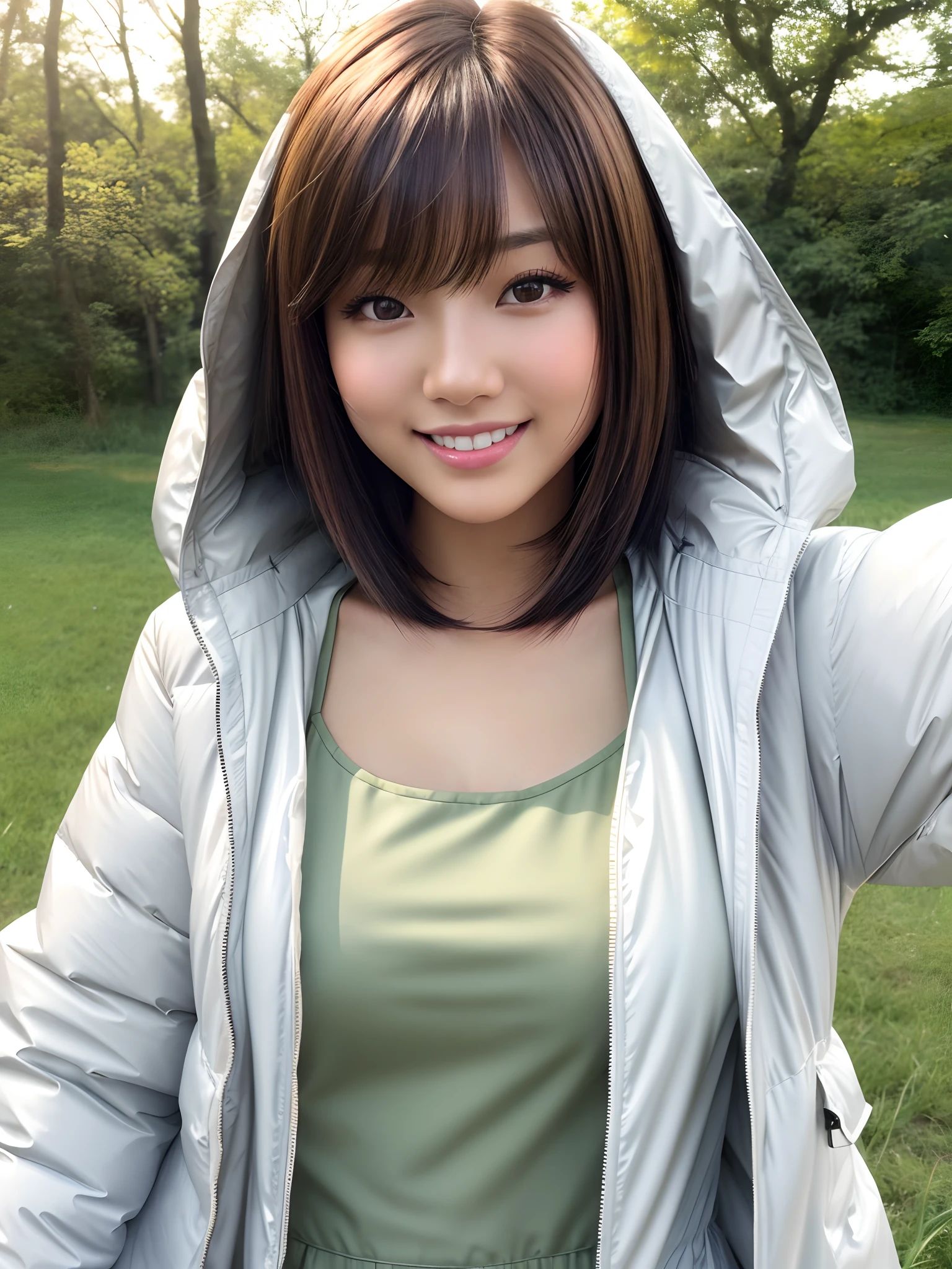 product quality, 1 girl, a face close up shot, front view, a Japanese young pretty girl, bob hair, glamorous figure, wearing a parka over a satin yellow camisole, on a grass, with a big smile, hyper cute face, glossy lips, double eyelids for both eyes, natural makeup, shiny smooth light brown bob hair, asymmetrical bangs, tanned skin, central image, high resolution, high detailing, detailed hairstyle, detailed face, cinematic lighting, octane rendering, vibrant, hyper realisitic, perfect limbs, perfect anatomy