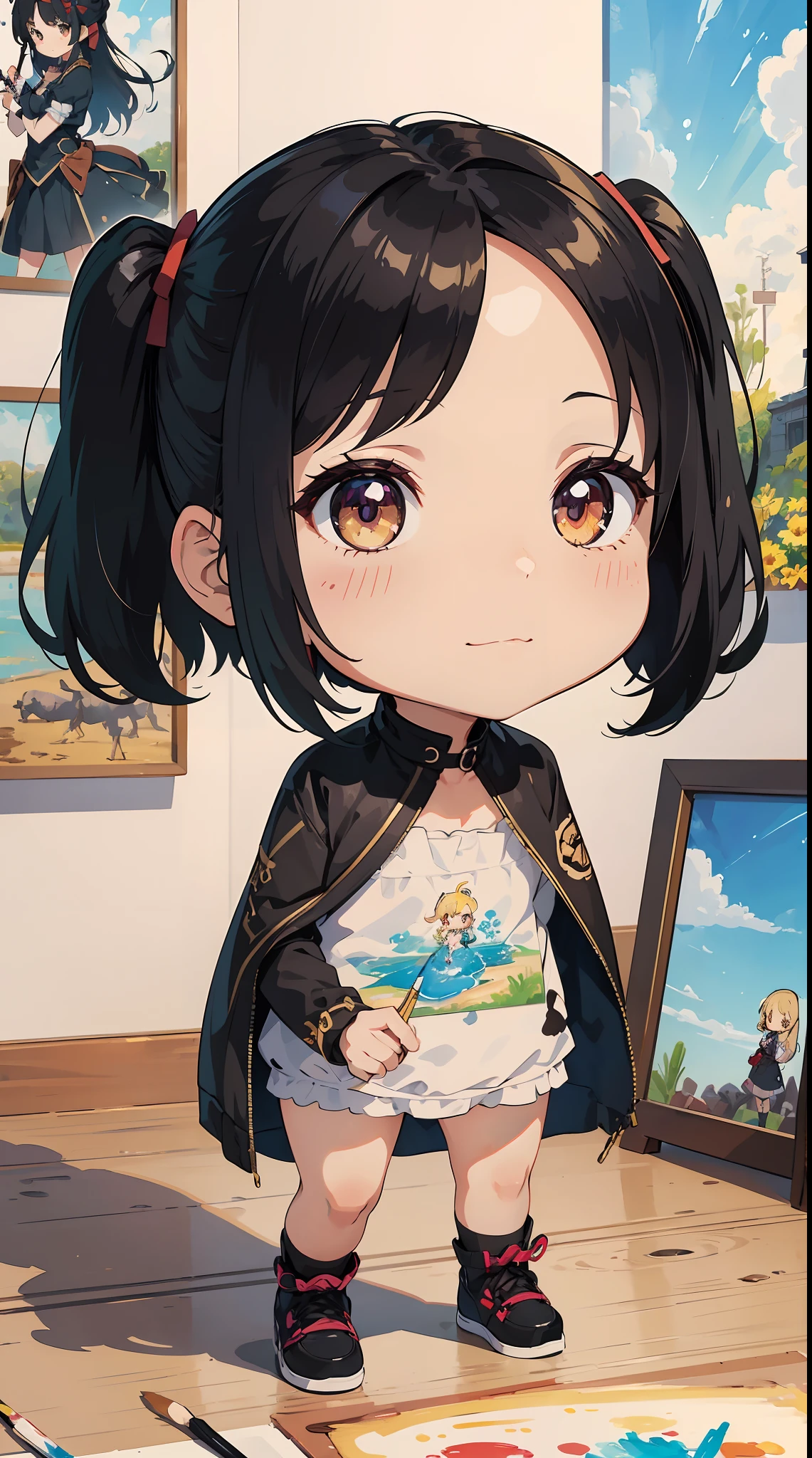 (1girl in, Solo:1.4), Cute, (Chibi:1.6),It depicts a touching moment when a pretty girl tries her hand at painting for the first time。She、Inside the art studio、Standing in front of the canvas、Pick up the brush。In those eyes、Mixed with anticipation and a little anxiety。

In the background、Masterpieces and art tools are meticulously drawn.、They enjoy this special moment even more。It makes you feel the possibilities。

The moment she brought her brush closer to the canvas、Its expression changes completely.。 The first brush transferred color to the canvas、A sense of pure joy and accomplishment spreads across her face。By her creativity、A visual effect that beautifully captivates her to the spot filled with new colors and shapes、 ((Writing line transparency Highest quality Best work Concept art.))、Beautiful illustration, pastel color, Illustration style, Realistic skin feeling, Realistic materials、watercolor paiting, A background with detail, three-dimensionality and depth