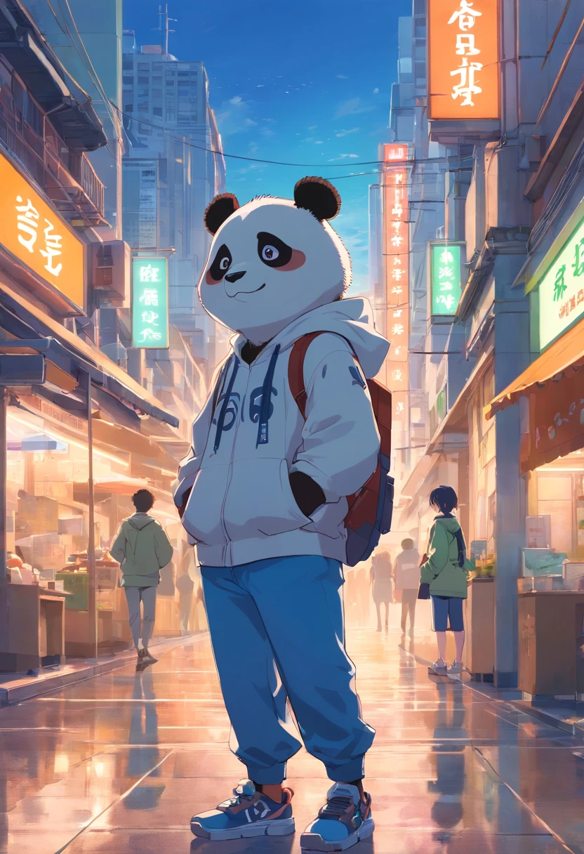 ((foto crua)), ((obra-prima)), Anthropomorphic humanoid panda wearing street clothes, andando entre as pessoas, detalhe intrincado, intricate Greebles pieces, city behind, sneaker, corpo musculoso, muscular arms, small head, Ogro monstruoso, Titan, soft-lighting, Hiper realista
