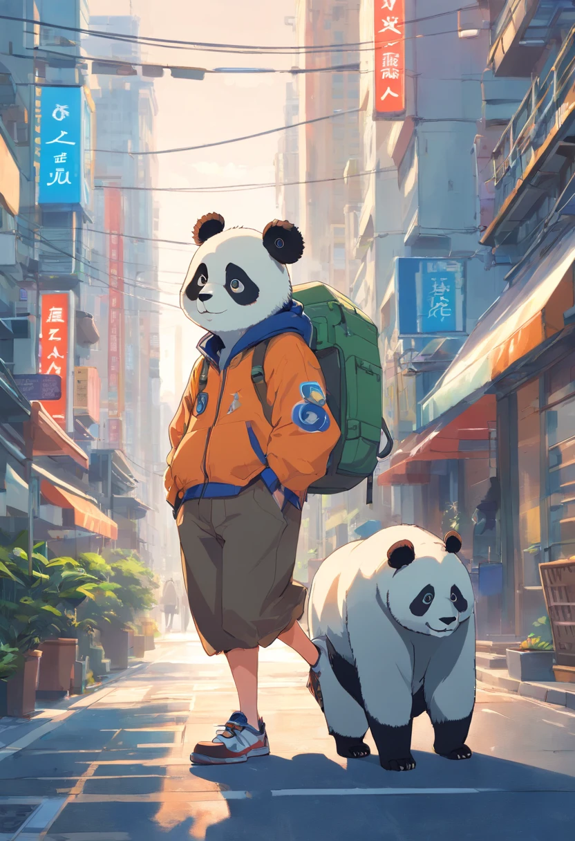 ((foto crua)), ((obra-prima)), Anthropomorphic humanoid panda wearing street clothes, andando entre as pessoas, detalhe intrincado, intricate Greebles pieces, city behind, sneaker, corpo musculoso, muscular arms, small head, Ogro monstruoso, Titan, soft-lighting, Hiper realista