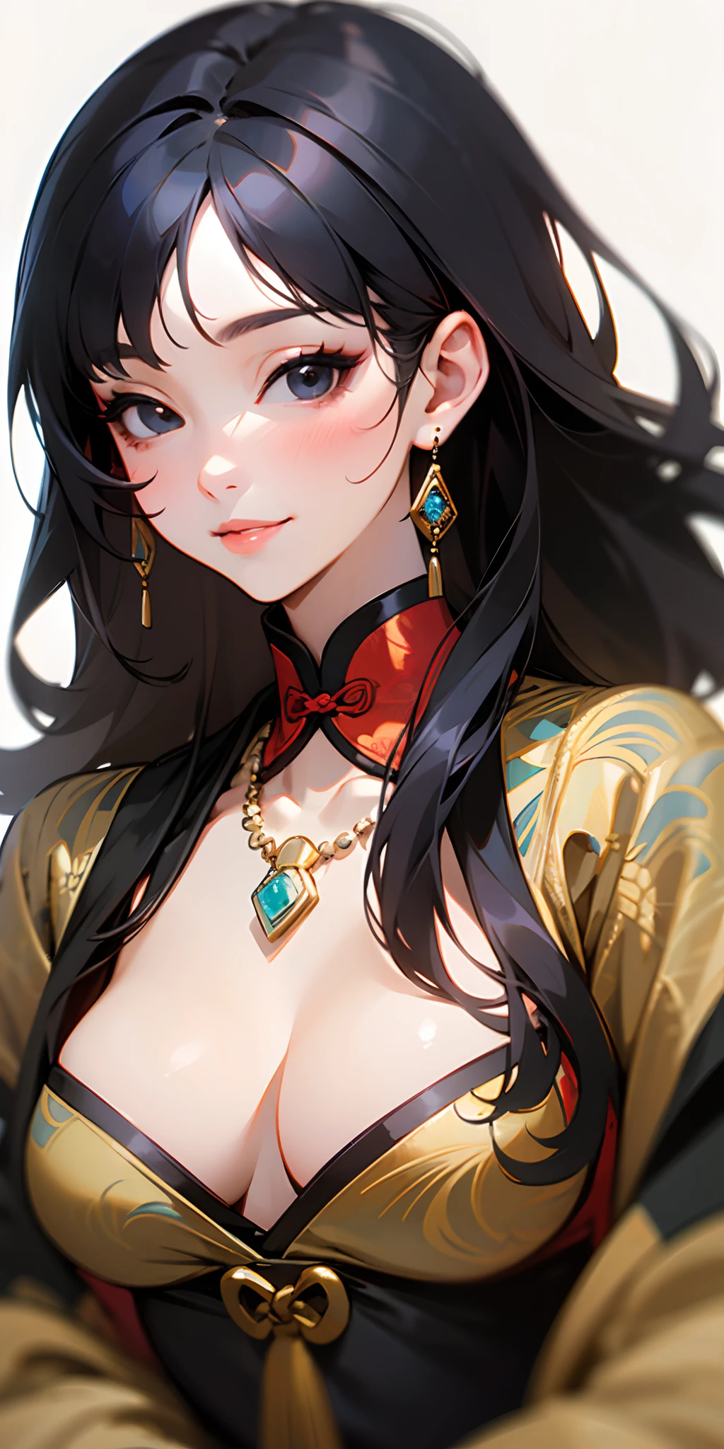 masterpiece, best quality,Chinese style 1girl, jewelry, solo, earrings, necklace, smile, black hair, breasts, cleavage, looking at viewer, white background, upper body, long hair, simple background, closed mouth, black eyes, medium breasts, chinese clothes, lips --auto --s2