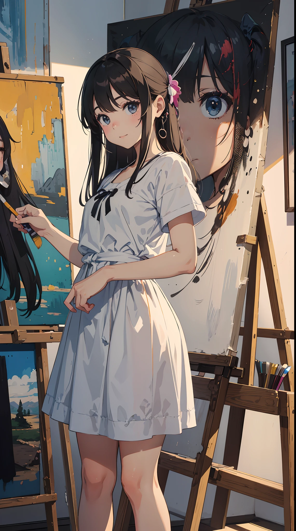 The illustration is、It depicts a touching moment when a pretty girl tries her hand at painting for the first time。She、Inside the art studio、Standing in front of the canvas、Pick up the brush。In those eyes、Mixed with anticipation and a little anxiety。

In the background、Masterpieces and art tools are meticulously drawn.、They enjoy this special moment even more。It makes you feel the possibilities。

The moment she brought her brush closer to the canvas、Its expression changes completely.。 The first brush transferred color to the canvas、A sense of pure joy and accomplishment spreads across her face。By her creativity、It's like being filled with new colors and shapes。