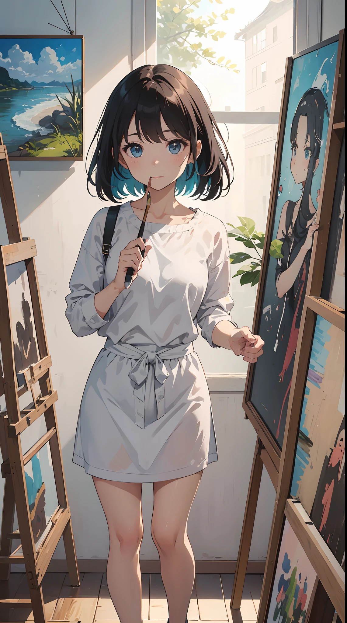 The illustration is、It depicts a touching moment when a pretty girl tries her hand at painting for the first time。She、Inside the art studio、Standing in front of the canvas、Pick up the brush。In those eyes、Mixed with anticipation and a little anxiety。
In the background、Masterpieces and art tools are meticulously drawn.、They enjoy this special moment even more。It makes you feel the possibilities。
The moment she brought her brush closer to the canvas、Its expression changes completely.。 The first brush transferred color to the canvas、A sense of pure joy and accomplishment spreads across her face。By her creativity、It's like being filled with new colors and shapes。