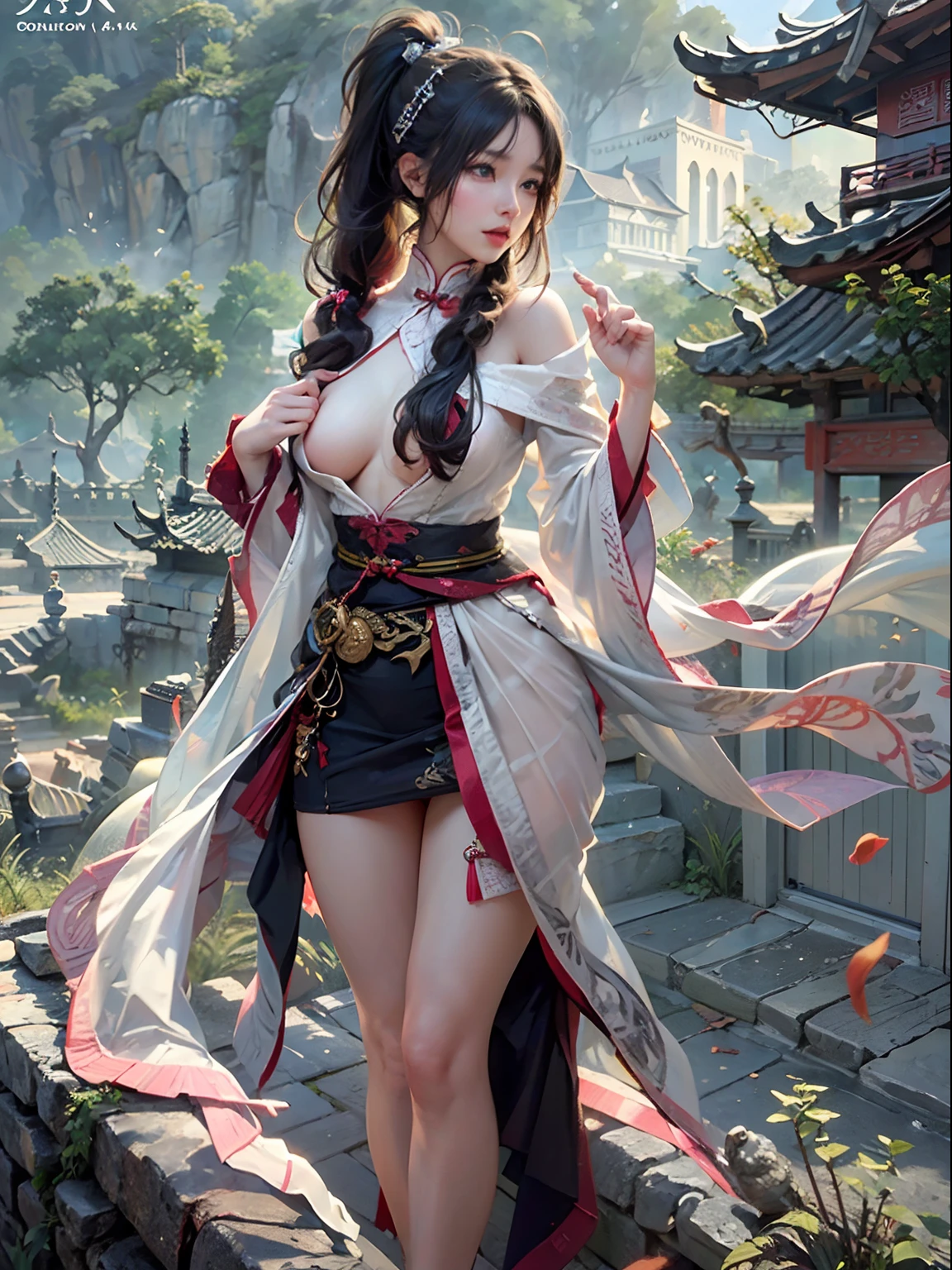 nsfw, 1girl, nude, (masterpiece: 1.4), (8K, realistic, raw photo, best quality: 1.4), skirtlift, standing on mountain top, nipple areola shape clear, beautiful breasts, Chinese girl, beautiful cute face, (real face: 1.4), perfect pussy, beautiful hairstyle, realistic brown eyes, beautiful detail eyes, (real skin: 1.3), beautiful skin, attractive, ultra high resolution, ultra realistic, cinematic lighting, black colored hair, long hair, twin ponytails, white ribbons, ancient China, Chinese mythology, dragon