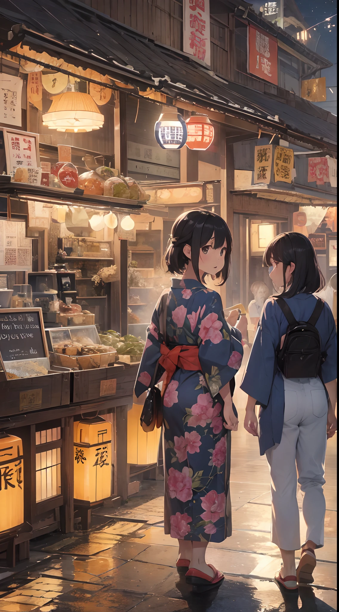 Quality improvement、hightquality、16Kwall-paper、Masterpiece、Meticulous portrayal、Detailed down to the smallest detail、intricate detailes、Backgrounds with depth、Three-dimensional background、Official Art、Best Illustration Award Winner、Effect with people standing out、The best rendition、人物:Two women and one man in yukata、Smiling and walking together、Women in colorful yukata with floral patterns and polka dots、Men wear dark blue yukata、There are also small items such as hair ornaments and lanterns Background:Fireworks are set off in the night sky、A lively summer festival with food stalls and lanterns、You can feel the atmosphere of crowds and festivals Impact:The color and shape of the fireworks are different々Eye-catching with、The facial expressions and poses of the people are fun and empathetic.、The details of the stalls and lanterns are detailed and realistic.、Beautiful contrast between light and shadow