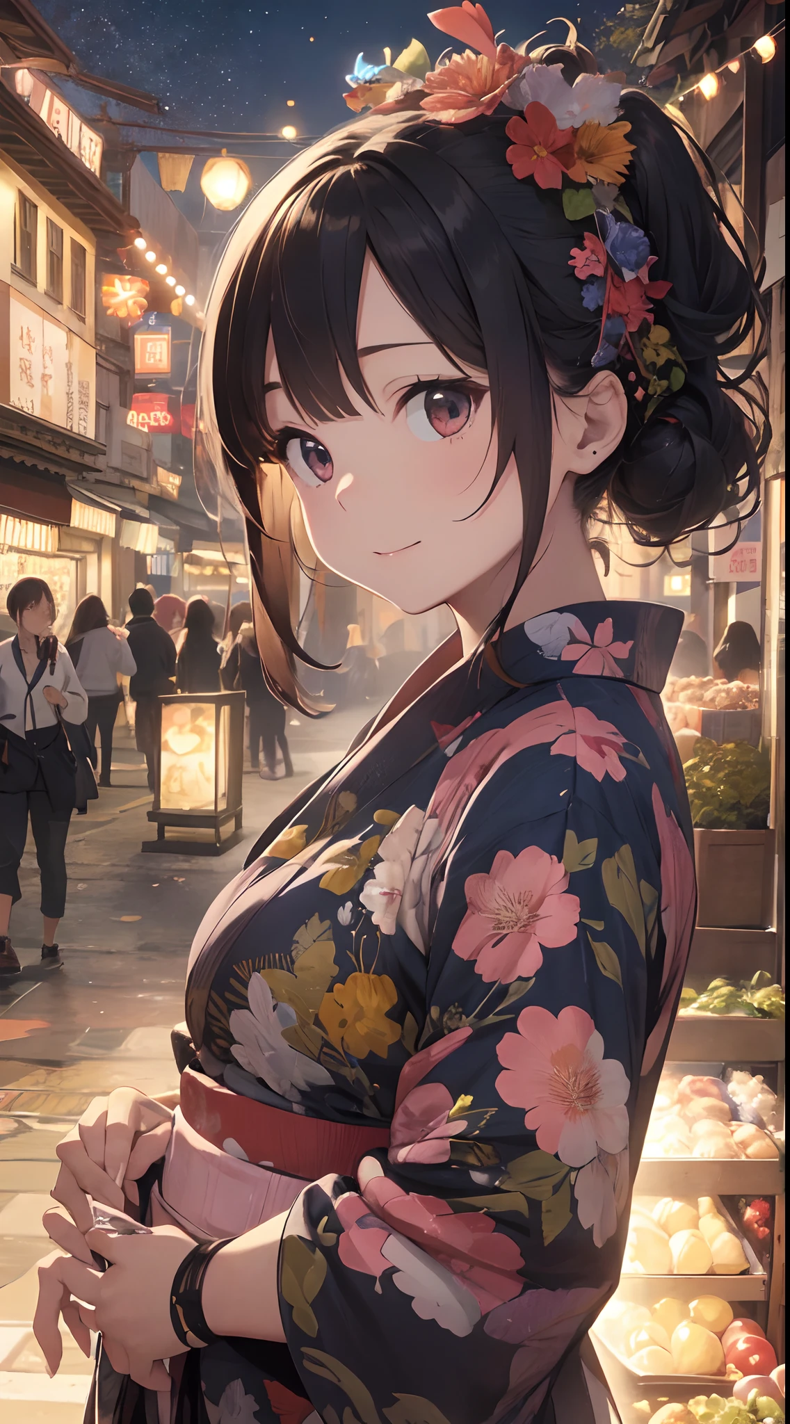 Anime girl in kimono outfit standing in a busy street - SeaArt AI