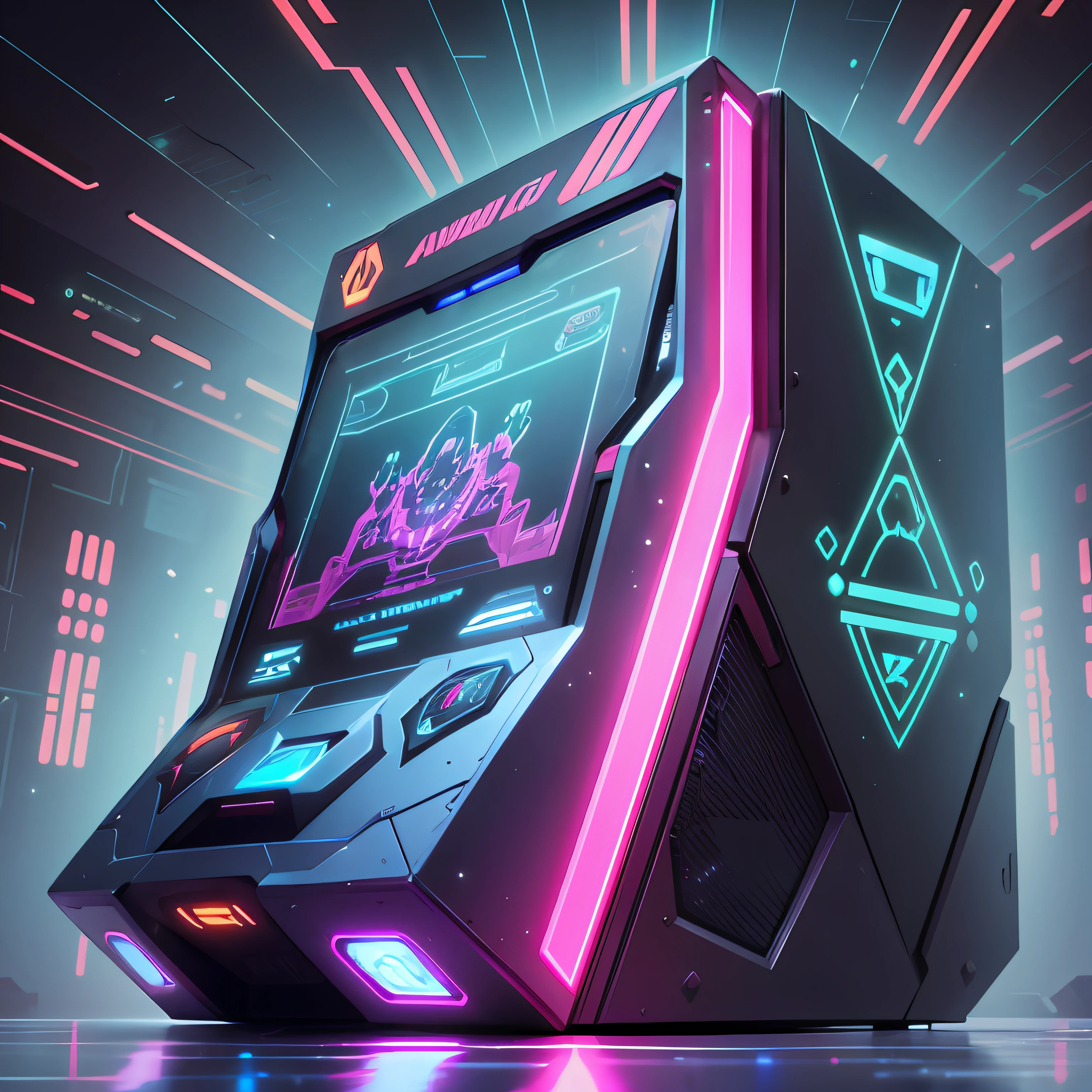 Quantum video game, LEDs, retrofuturistic style, futuristic video game design, quantum futuristic arcade. --auto --s2