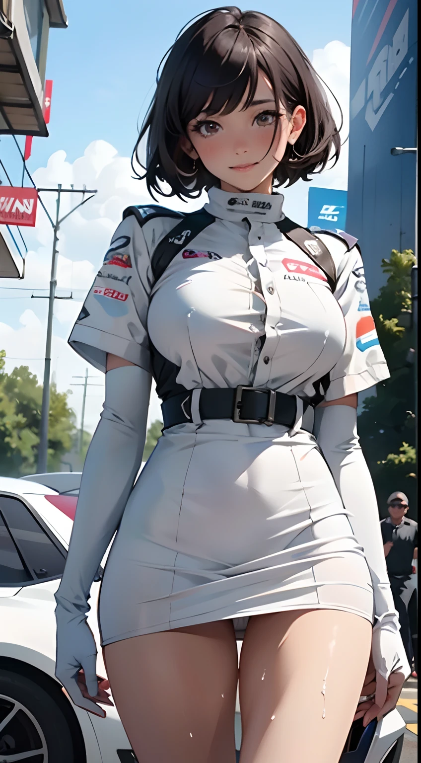 1girl huge large breasts,、((top-quality)), ((​masterpiece)), 、A smile、 Pitch Resuit、Colossal tits、Puffy nipple、 knee high、Naughty face、 knee high　white、Adult Woman、(cum in vaginas:1.3)、cum in mouth、( G-string to overflow:1.5)、 Sobbing tears、、 short-cut、see through　White One Piece Checkered Mini Skirt、dress lift、l、Race Queen、A slender、 , masterpaintings, best qualtiy, Photorealsitic, ultra-detailliert, (shiny skins, perspired:1.4), Look at the big crowd, With short black hair, Brown-eyed,slender,dynamic light and shadow,hight resolution,Sharp Focus,depth of view,The eyes are delicate,Sharp pupils,pupil realistic,(Colossal tits),、A slender、(thick thight),outside of house,Skysky、、grid girl, underboob, wet_clothes, Wearing a grid_girl outfit with sponsor's logo printed, (standing in a motorsport racing)+,, left hand on waist