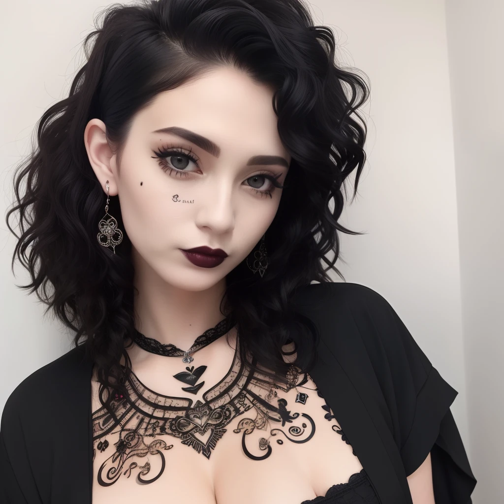 Best quality, masterpiece, super high resolution, (realism: 1.4), face tattoo of a heart, black curly hair, short hair, pale skin, bedhead, goth