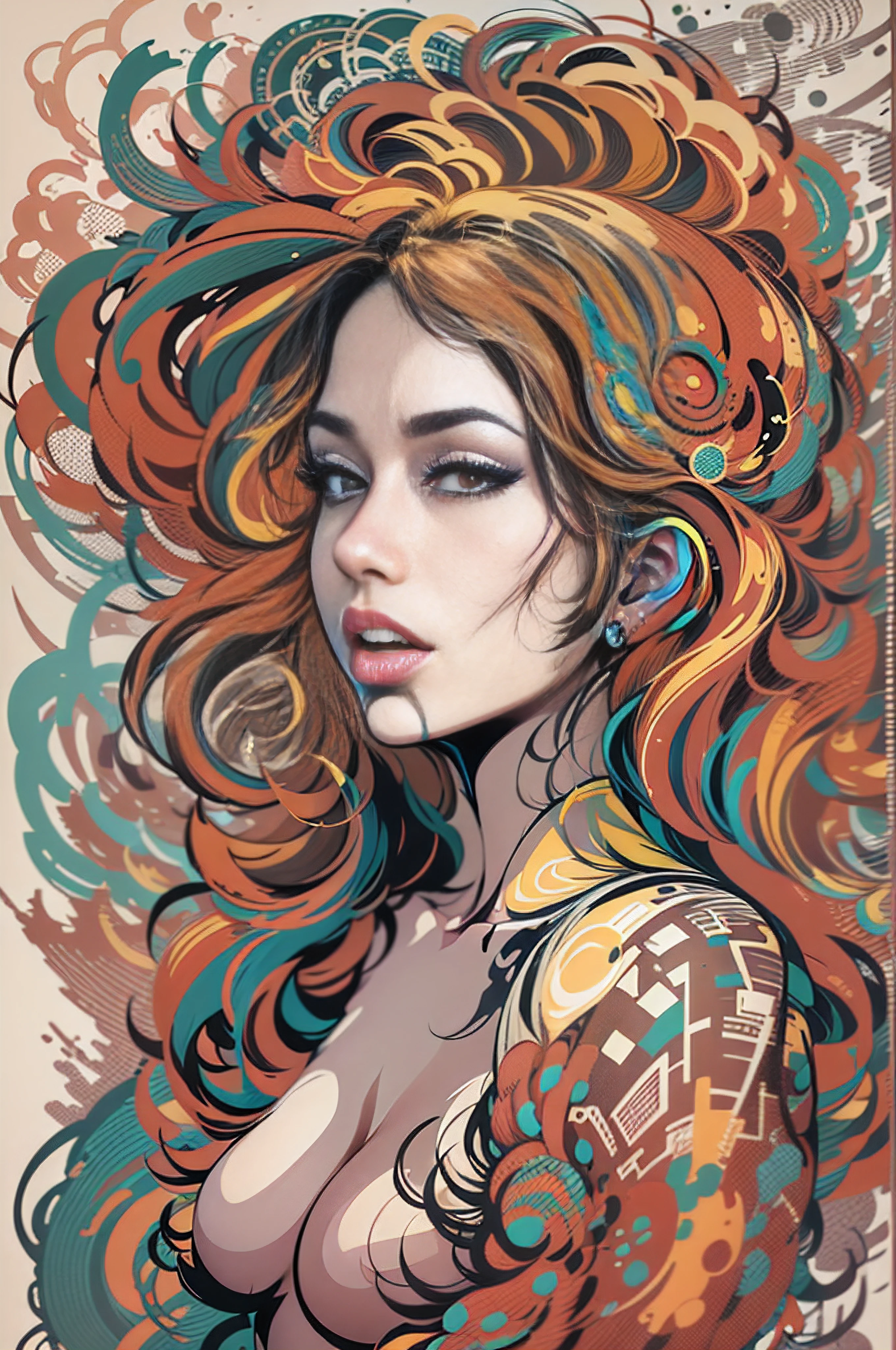 inkpunk, vector style art, young nude woman professional art (naked sexy woman), complex art, ((high detail)) multicolored. ((absurdly high quality)