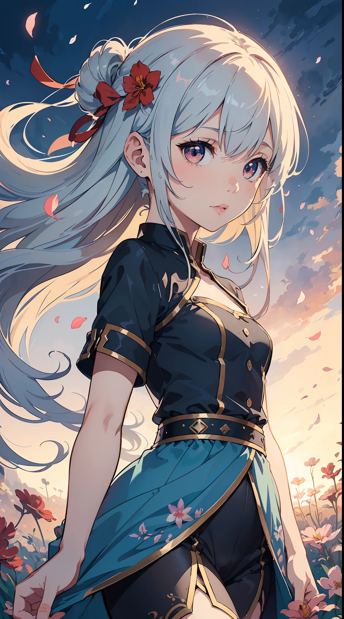 (mystical:1.4), Cosmos Field、（cosmos：1.5） (1girl in, Solo:1.4), Cute, (Chibi:1.6),Detailed small breasts, Raise your left hand、Rising Sun rains down on her left hand in a fantastic scene、A fantastic pre-beat where strong winds materialize all over the area and cosmos petals soar、Visual effects that make her spot beautiful、 ((Writing line transparency Highest quality Best work Concept art.))、Beautiful illustration, pastel color, Illustration style, Realistic skin feeling, Realistic materials、watercolor paiting, A background with detail, three-dimensionality and depth
