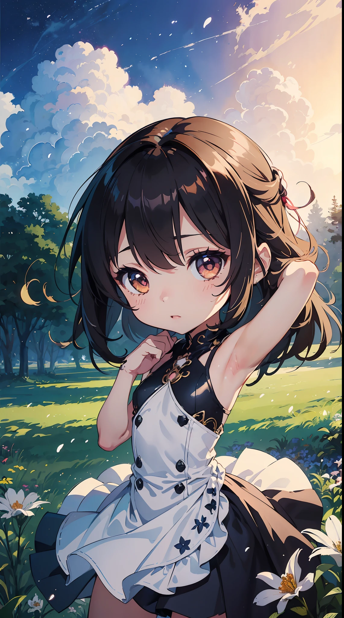 (mystical:1.4), Cosmos Field、(cosmos:1.5) (1girl in, Solo:1.4), Cute, (Chibi:1.6),Detailed small breasts, Raise your left hand、Rising Sun rains down on her left hand in a fantastic scene、A fantastic pre-beat where strong winds materialize all over the area and cosmos petals soar、Visual effects that make her spot beautiful、 ((Writing line transparency Highest quality Best work Concept art.))、Beautiful illustration, pastel color, Illustration style, Realistic skin feeling, Realistic materials、watercolor paiting, A background with detail, three-dimensionality and depth