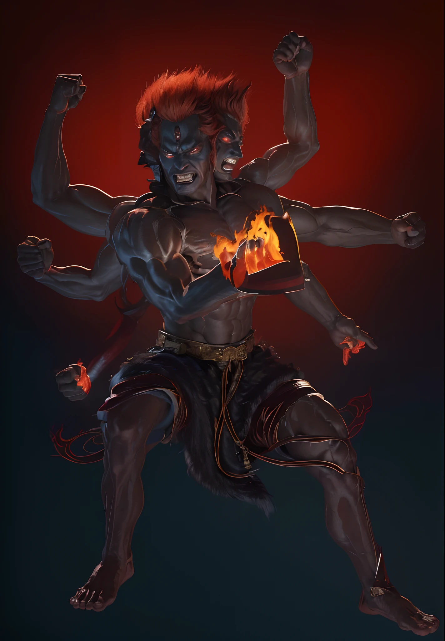best qualtiy，tmasterpiece，超高分辨率，（Fidelity：1.4），RAW photogr，young handsome male，Facial hair，Flame hair，redheadwear，Avatar，Dark blue skin，Dark blue all over，offcial art, (Extremely detailed Cg Unity 8K wallpaper),Stand in the sky，Pure background， 1 man，(((face))），Young and handsome face，HD face，without a beard，nice hand，Good feet，Vajra Lux，King Ming，（Three-eyed god Yang Jian mythical character），（Three heads and six arms）（Yang Jian has three heads and six arms），Solo, Swarzenegger's muscles, Skirt made of tiger skin，Wear tiger fur，Tiger-like teeth，Zombie teeth，theelementoffire，The fire roared behind him，Hellfire，asura from chinese myth，firemage，by Yang J，holy fire spell art，com um rosto quadrado，oguchi，Strong muscles， (Photorealistic:1.4), (Masterpiece), (Best quality:1.2)，Light and shadow tracking，Super HD，theelementoffire，asura from chinese myth，by Yang J，holy fire spell art