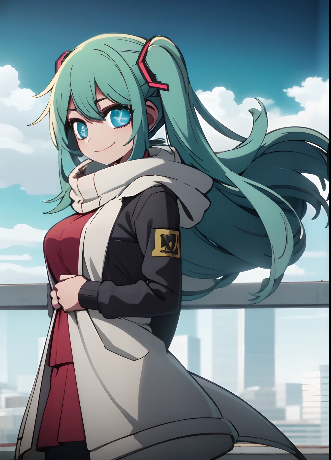 1girl,smile,cowboy shot, Wear a jacket,Big breasts Hatsune Miku,city neon light,looking at the stars