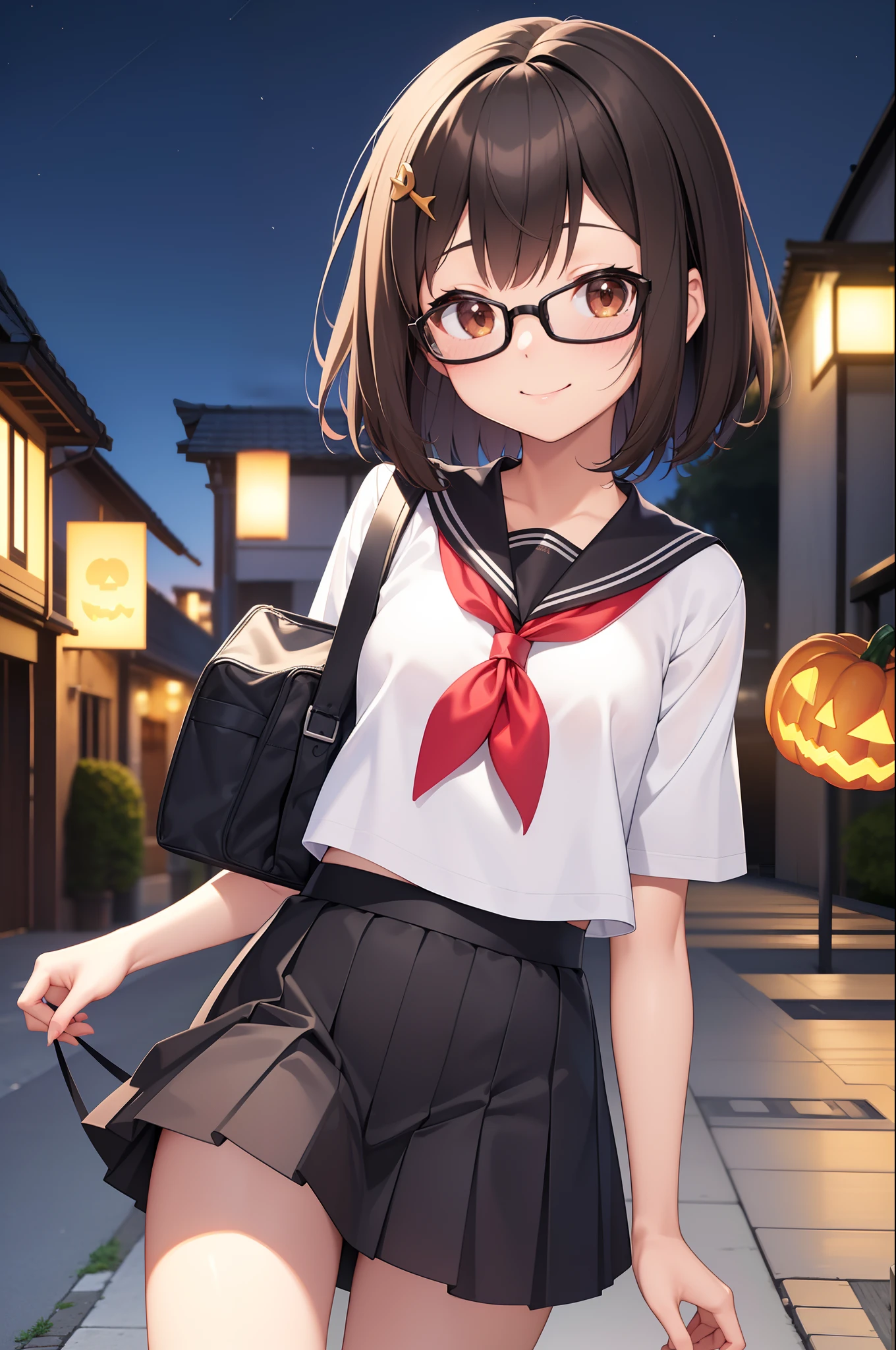 (masutepiece, Best Quality, Capture super cute moments, depth of fields, ultra-detailliert, Ultra High Resolution, C4D, Octadale, 3D Modeling, 8K, 16 K, one girls、a junior high school student、A dark-haired、short-hair、straight haired、Light brown eyes,hair adornments、wearing black glasses、A smile)、Short sleeve sailor suit、sky at night、Halloween、squash