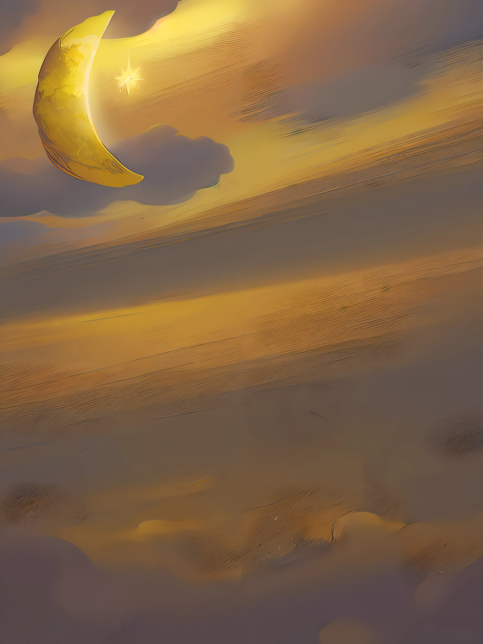 There is a painting of a crescent and a star in the yellow sky, Nuvens amarelas, yellow sky, fundo amarelo macio, fundo estilo conto de fadas, lua brilhando luz dourada, pale yellow sky, luminous sky heaven background, luz da lua no fundo superior, papel amarelado, fundo amarelo, em papel amarelo, deite-se em nuvens brancas fairyland, blurry and dreamy illustration