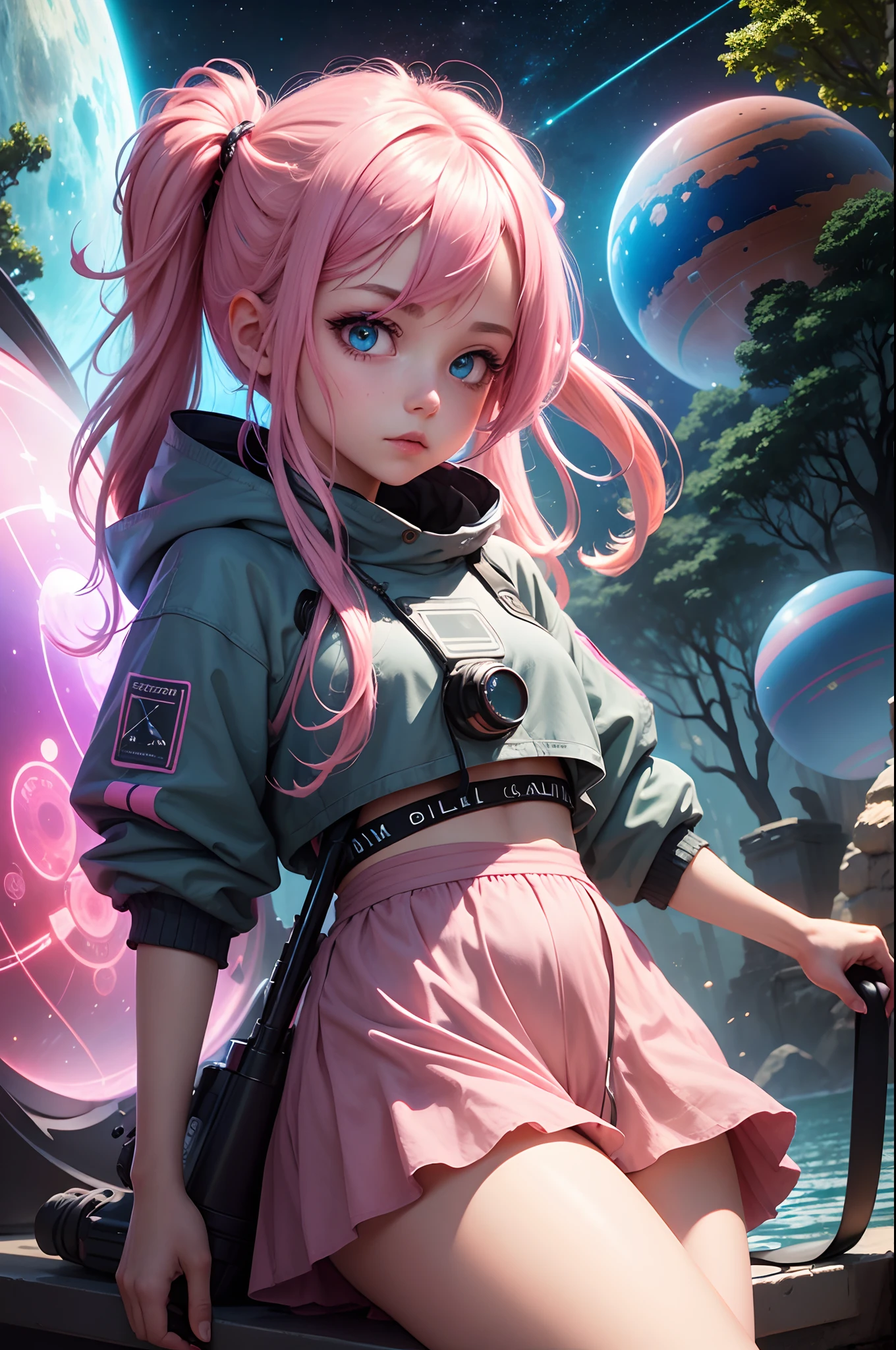 1girl, pink hair, neon eyes, water ball, intergalactic, interstellar, solar system, trees, alien technology, cosmic energy, wormhole