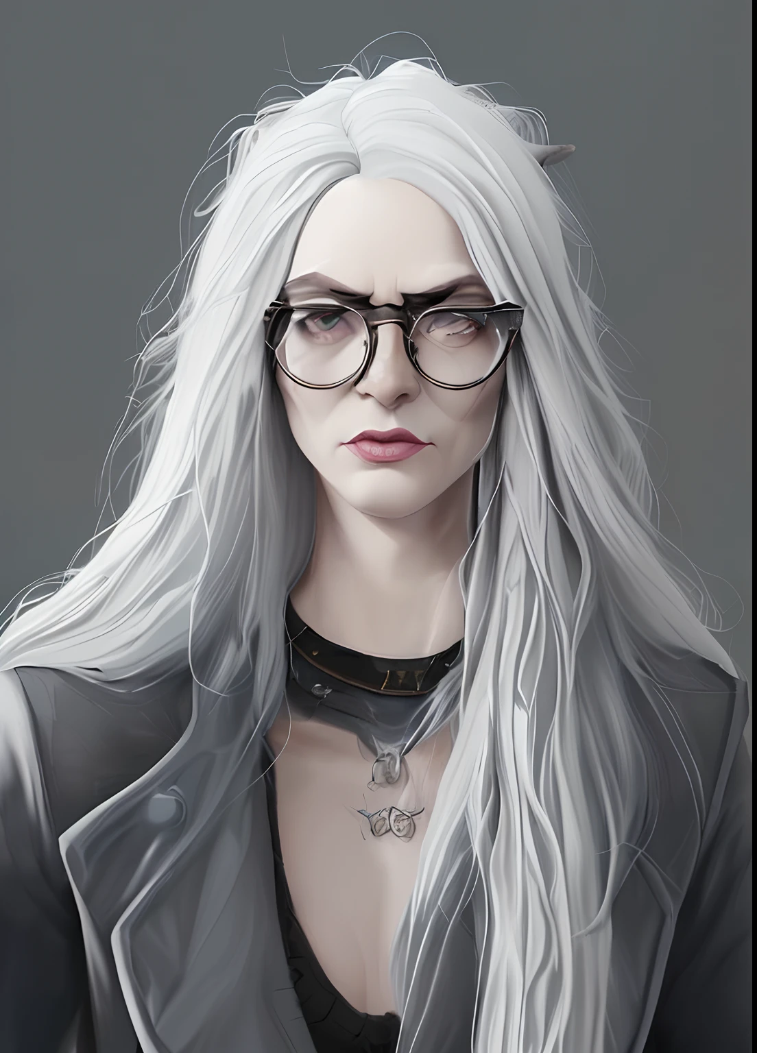 Closeup of a bespectacled scientist, pele marrom, Cabelo branco, olhar raivoso, horns on head