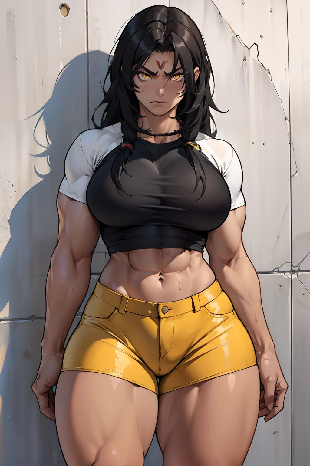 ((((((1 girl)))))), solo, black, hair, extremely long hair, yellow eyes, angry, ((((large breasts)))), ((((thick thighs)))), (curvy), (wide hips), (((((muscular))))), toned body, (tight shirt), (tight pants), navel, abs, (concrete)