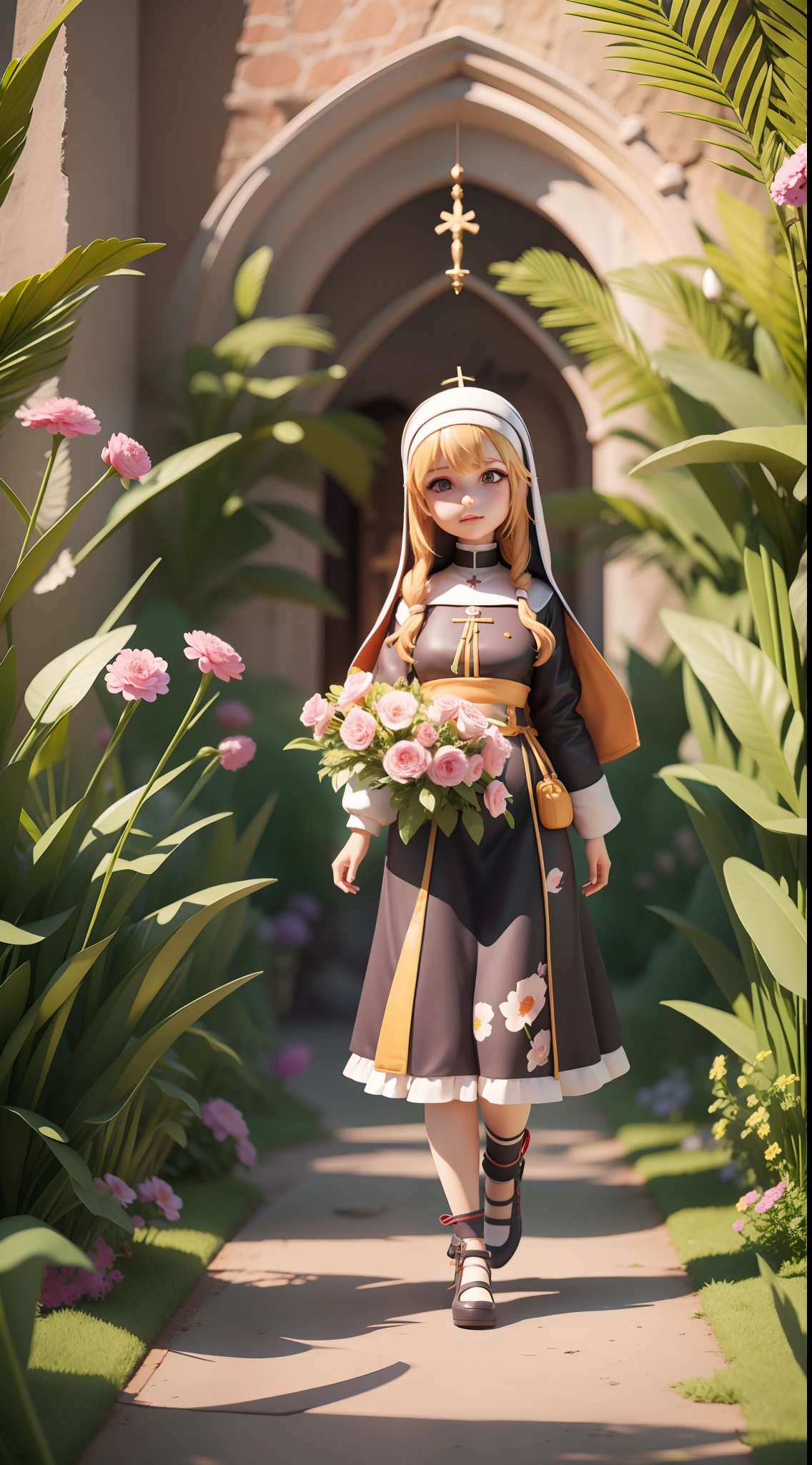 There is a poster with a cartoon character in a nun hat and flowers, female explorer mini cute girl, walking in the church, flower jungle, animation style rendering, cute 3 D rendering, small characters. Unreal Engine 5, stylized anime, cute detailed digital art, Atey Ghailan 8 K, stylized 3D rendering, adventure surreal rendering, anime style 3D, 3D rendering stylized