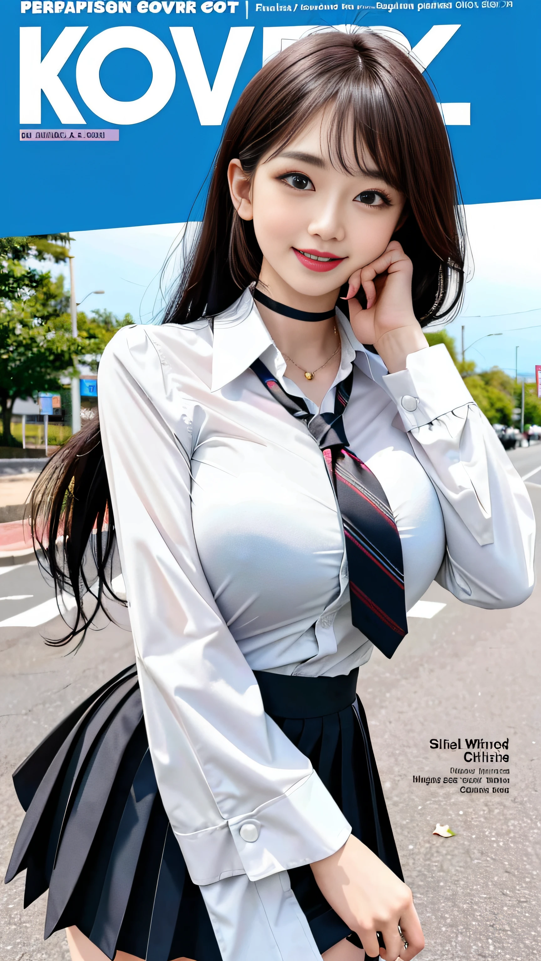 masterpiece, best quality, full body, 1girl, bangs, black choker, black necktie, black hair, blue skirt, blush, bracelet, breasts, choker, clothes around waist, collarbone, collared shirt, cowboy shot, dress shirt, ear piercing, eyebrows visible through hair, gradient hair, grin, gyaru, jewelry, kogal, long hair, looking at viewer, loose necktie, necktie, piercing, plaid, plaid skirt, pleated skirt, red eyes, ring, school uniform, shirt, skirt, smile, solo, white shirt, street, sky, cherry blossoms, petals,illustration, (magazine:1.3), (cover-style:1.3), fashionable, woman, vibrant, outfit, posing, front, colorful, dynamic, background, elements, confident, expression, holding, statement, accessory, majestic, coiled, around, touch, scene, text, cover, bold, attention-grabbing, title, stylish, font, catchy, headline, larger, striking, modern, trendy, focus, fashion,