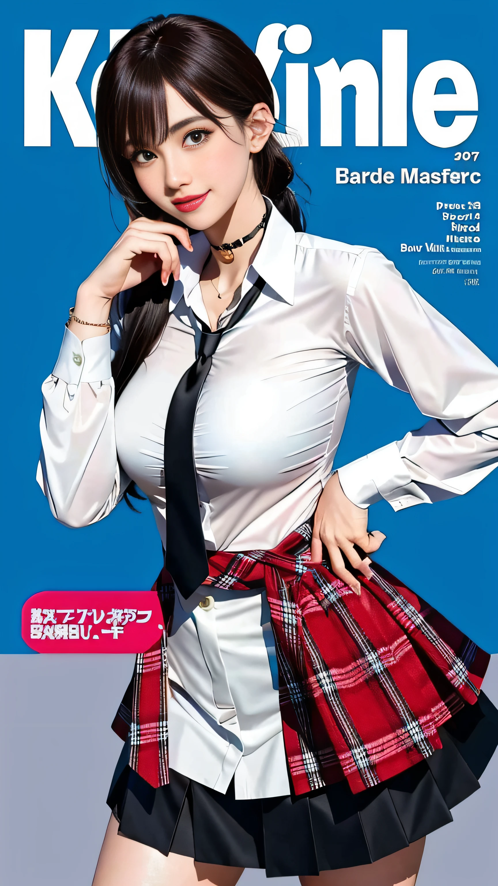 masterpiece, best quality, full body, 1girl, bangs, black choker, black necktie, black hair, blue skirt, blush, bracelet, breasts, choker, clothes around waist, collarbone, collared shirt, cowboy shot, dress shirt, ear piercing, eyebrows visible through hair, gradient hair, grin, gyaru, jewelry, kogal, long hair, looking at viewer, loose necktie, necktie, piercing, plaid, plaid skirt, pleated skirt, red eyes, ring, school uniform, shirt, skirt, smile, solo, white shirt, street, sky, cherry blossoms, petals,illustration, (magazine:1.3), (cover-style:1.3), fashionable, woman, vibrant, outfit, posing, front, colorful, dynamic, background, elements, confident, expression, holding, statement, accessory, majestic, coiled, around, touch, scene, text, cover, bold, attention-grabbing, title, stylish, font, catchy, headline, larger, striking, modern, trendy, focus, fashion,