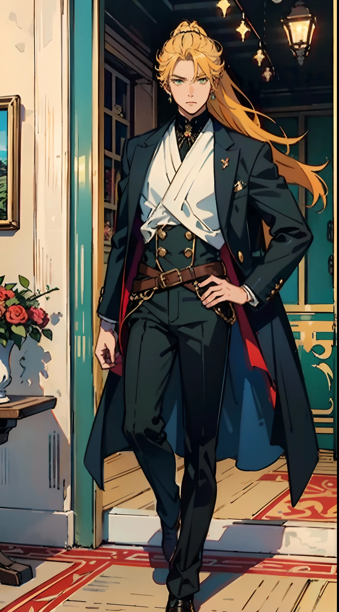 A man with long orange-yellow hair, neatly combed back, leaving a long tuft of bangs, he has slender eyebrows, sharp and intelligent eyes, his face is elongated and lean, he wears a dark Western-style fitted suit, a sleeveless long overcoat on top, a belt wraps around his waist, he wears loose trousers, stands in a luxurious Chinese-style hall, displaying a dignified expression, exuding a powerful aura, emanating a radiant fighting spirit, this character embodies a finely crafted fusion of Eastern and Western influences in a wise and sophisticated in anime style, characterized by a sophisticated and mature manga illustration art style, full body character drawing, high definition, best quality, highres, ultra-detailed, ultra-fine painting, extremely delicate, professional, anatomically correct, symmetrical face, extremely detailed eyes and face, high quality eyes, creativity, RAW photo, UHD, 8k, Natural light, cinematic lighting, masterpiece:1.5