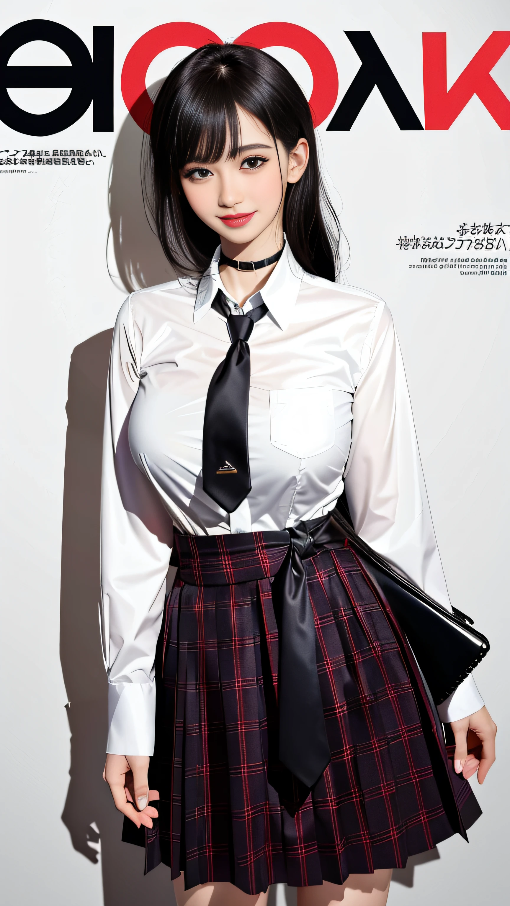 masterpiece, best quality, full body, 1girl, bangs, black choker, black necktie, black hair, blue skirt, blush, bracelet, breasts, choker, clothes around waist, collarbone, collared shirt, cowboy shot, dress shirt, ear piercing, eyebrows visible through hair, gradient hair, grin, gyaru, jewelry, kogal, long hair, looking at viewer, loose necktie, necktie, piercing, plaid, plaid skirt, pleated skirt, red eyes, ring, school uniform, shirt, skirt, smile, solo, white shirt, street, sky, cherry blossoms, petals,illustration, (magazine:1.3), (cover-style:1.3), fashionable, woman, vibrant, outfit, posing, front, colorful, dynamic, background, elements, confident, expression, holding, statement, accessory, majestic, coiled, around, touch, scene, text, cover, bold, attention-grabbing, title, stylish, font, catchy, headline, larger, striking, modern, trendy, focus, fashion,