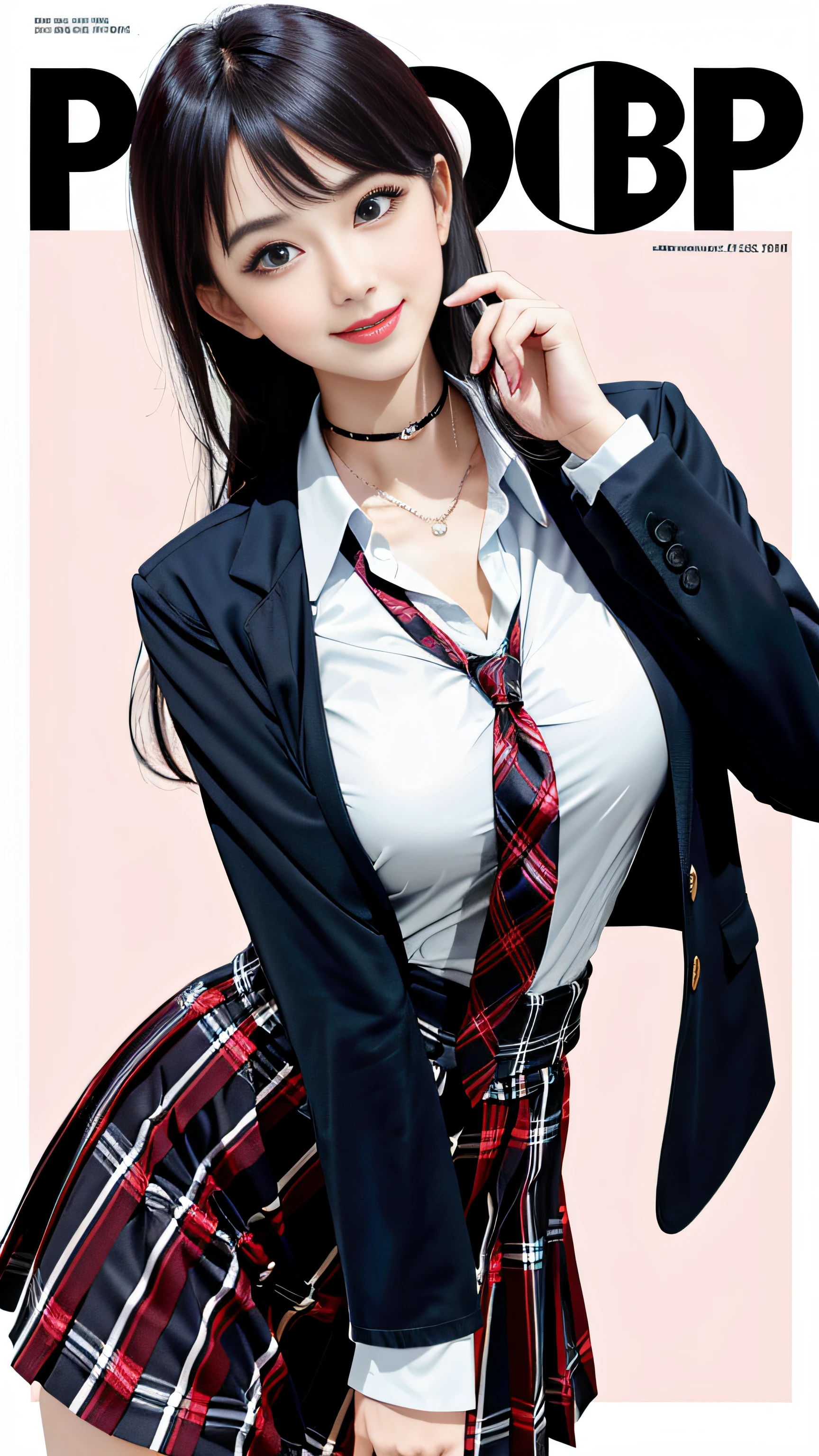masterpiece, best quality, full body, 1girl, bangs, black choker, black necktie, black hair, blue skirt, blush, bracelet, breasts, choker, clothes around waist, collarbone, collared shirt, cowboy shot, dress shirt, ear piercing, eyebrows visible through hair, gradient hair, grin, gyaru, jewelry, kogal, long hair, looking at viewer, loose necktie, necktie, piercing, plaid, plaid skirt, pleated skirt, red eyes, ring, school uniform, shirt, skirt, smile, solo, white shirt, street, sky, cherry blossoms, petals,illustration, (magazine:1.3), (cover-style:1.3), fashionable, woman, vibrant, outfit, posing, front, colorful, dynamic, background, elements, confident, expression, holding, statement, accessory, majestic, coiled, around, touch, scene, text, cover, bold, attention-grabbing, title, stylish, font, catchy, headline, larger, striking, modern, trendy, focus, fashion,