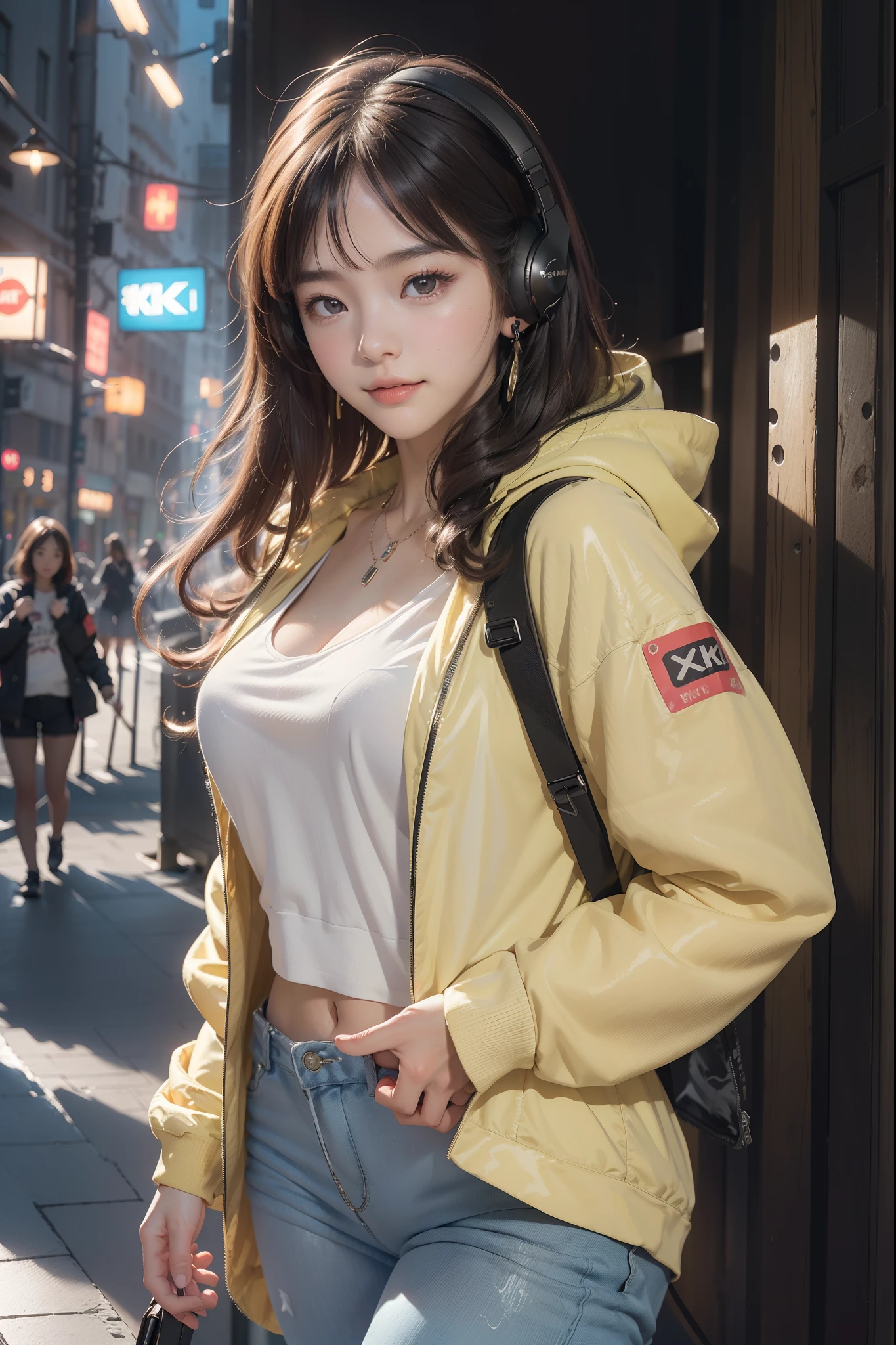 (((top-quality, 8K,超A high resolution、ultra-detailliert))),1girl in,female high-school student,a beauty girl,Street attire,((Hooded Neon Over Jacket,shortpants,backpack))、((Wearing large headphones around your neck))、(Shorthair with light brown hair,Colorful Extended Hair),perfectbody,skinny, Tied waist,Beautiful face, acurate, Anatomically correct, Highly detailed face and skin texture, Big eyes drawn in detail, Double eyelids, Thin eyebrows, Glitter Eyeliner: 1 Natural cheeks, Glossy skin, Fair skin: 1.2, (Glossy lips: 1.4),Highly detailed facial and skin texture, Detailed eyes, Double eyelids, Natural cheeks, , shiny lips: 1.4,Simple necklace and earrings,Smile and watch the viewer,Walking in the city,【Not blurry,profetional lighting,Professional effects、(masutepiece: 1.3), (max resolution: 1.2), (Ultra HDTV: 1.2),octanerender, Fujifilm X100, Intense cinematic shots, Shallow depth of field, Volumetric lighting, kintsugi,(8K、Raw photography、​masterpiece:1.4)、(realisitic、Photorealsitic:1.37)、Shot with CineStill 800T、(Extreme top quality:1.3)、((depth of fields:))、absurderes、(超A high resolution、extremery detailed CG、hight resolution、realisitic、ultra-detailliert、a picture、A hyper-realistic、ultra-detailliert、Cinematic atmosphere、8K UHD、insanely detaileda、trending on artstationh、awardwinning photo、extremely detailed photo、hight resolution:1.5)】No tags or text