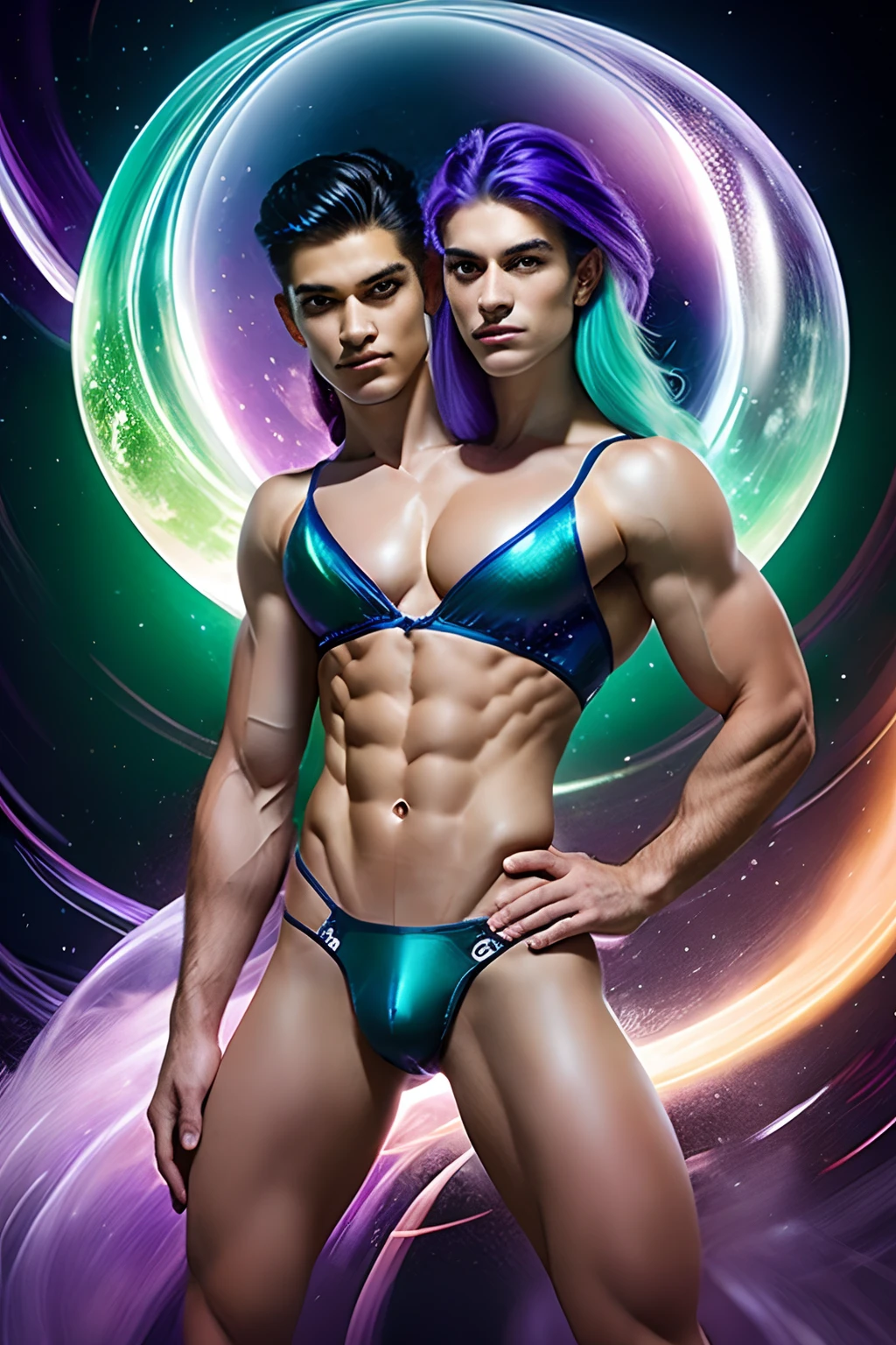 (((2heads))), 1man,(big bulge:1.5), big breasts,flabby,masterpiece, top-quality, ultra-detailliert, illustratio, no facial hair, feminine face, no body hair, ((big bulge))、Thin body、Slender body、hourglass figure, ((looking at the viewers)), (cowboy shot), Refreshing smile,
,(big bulge:1.5),Masterpiece, best quality, 1man, beautiful feminine face, no body hair, no facial hair, with flowing iridescent hair in shades of purple, blue, and green, wearing a sleek black speedo, small waist, wide hips, wide shoulders, standing in a dramatic pose with one hand on hip and the other holding a glowing, magical crystal ball. In the background, a swirling vortex of light and energy adds to the mysterious and enchanting atmosphere of the scene. glow hair, multicolor hair