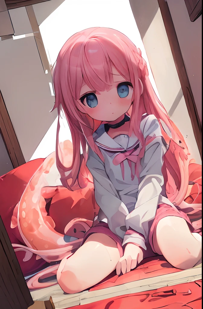 Beautiful illustration, Best Quality, (12-year-old girl:1.4)、(cute petit girl：1.5)、(Tentacle Sex、Tentacles get inside clothes、convulsion、red blush、Teary-eyed、A large amount of love juice：1.7)、Lori、 (Superb view), fantasylandscape,flat chest、Sailor collar、White Long Tunic、(Pink Chino Shorts：1.4)、(Wide opening in pink shorts：1.2)、Clean thighs、Brown Lace-Up Short Boots, Long crimson double-sided upholstery, Beautiful blue eyes, Cinematic lighting, (Long pink hair)、pink straight hair、Braiding of the occipital part、Occipital１Large black ribbon