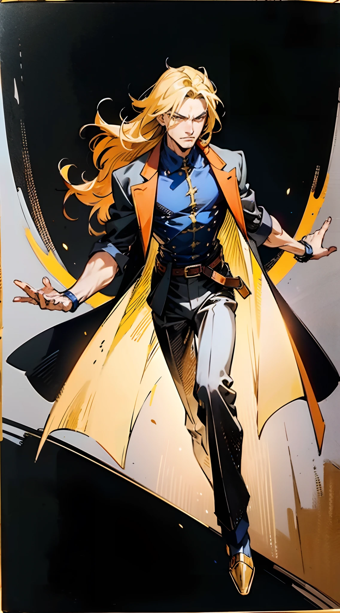 A man with long orange-yellow hair, neatly combed back, leaving a long tuft of bangs, he has slender eyebrows, sharp and intelligent eyes, his face is elongated and lean, he wears a dark Western-style fitted suit, a sleeveless long overcoat on top, a belt wraps around his waist, he wears loose trousers, stands in a luxurious Chinese-style hall, displaying a dignified expression, exuding a powerful aura, emanating a radiant fighting spirit, this character embodies a finely crafted fusion of Eastern and Western influences in a wise and sophisticated in anime style, characterized by a sophisticated and mature manga illustration art style, full body character drawing, high definition, best quality, highres, ultra-detailed, ultra-fine painting, extremely delicate, professional, anatomically correct, symmetrical face, extremely detailed eyes and face, high quality eyes, creativity, RAW photo, UHD, 8k, Natural light, cinematic lighting, masterpiece:1.5