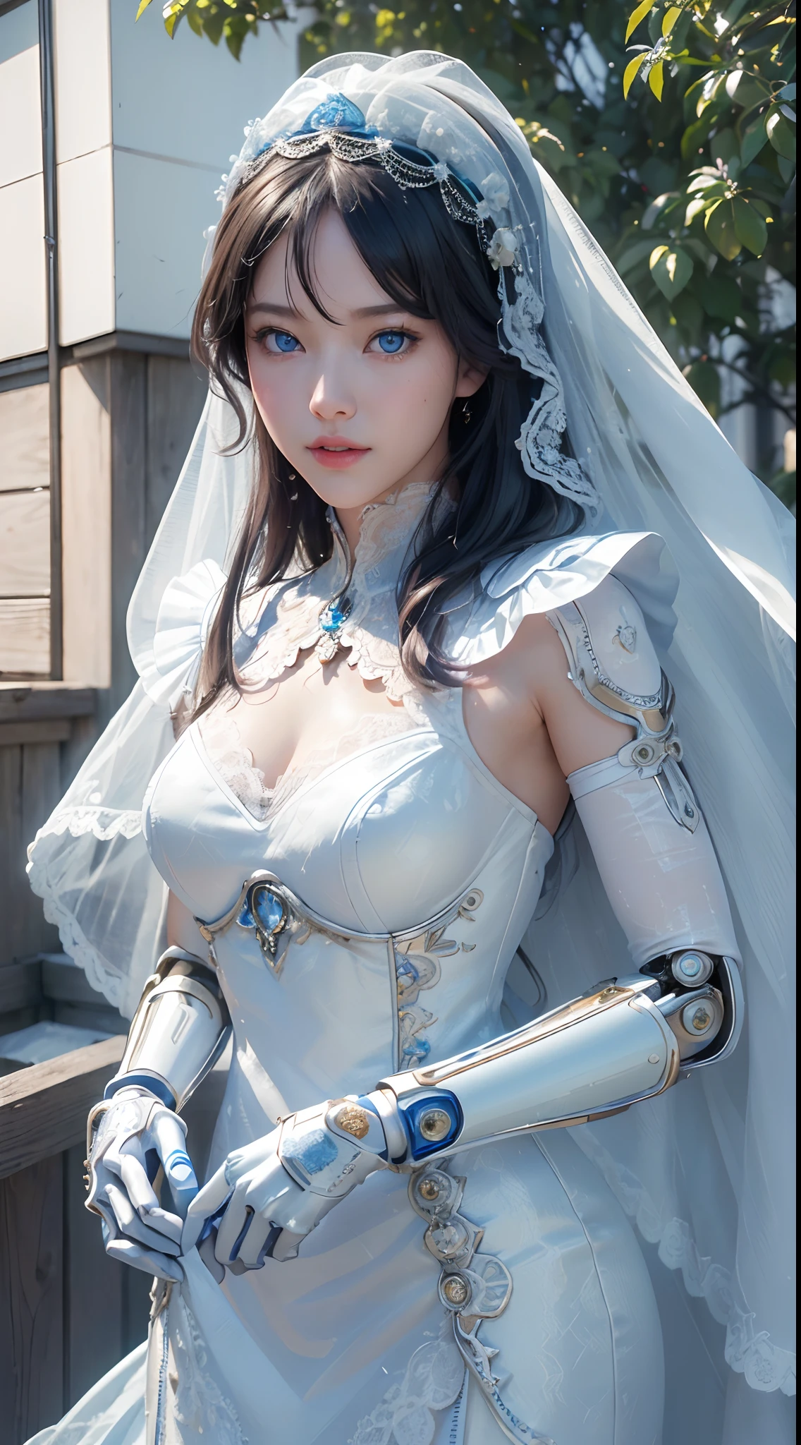 (High-res, 4K, Masterpiece:1.2),Ultra-detailed,(Realistic,photo-realistic:1.37),(Girl robot married in Japan),[((Mechanical limb))+Made of shiny gold and white clear glass and plastic], ((Vitreous blue eyes+Sharp focus))，(Delicate lace dress,Wearing a veil),(joyful expressions), , Vibrant colors, (sakurabackground), Bright sunlight。