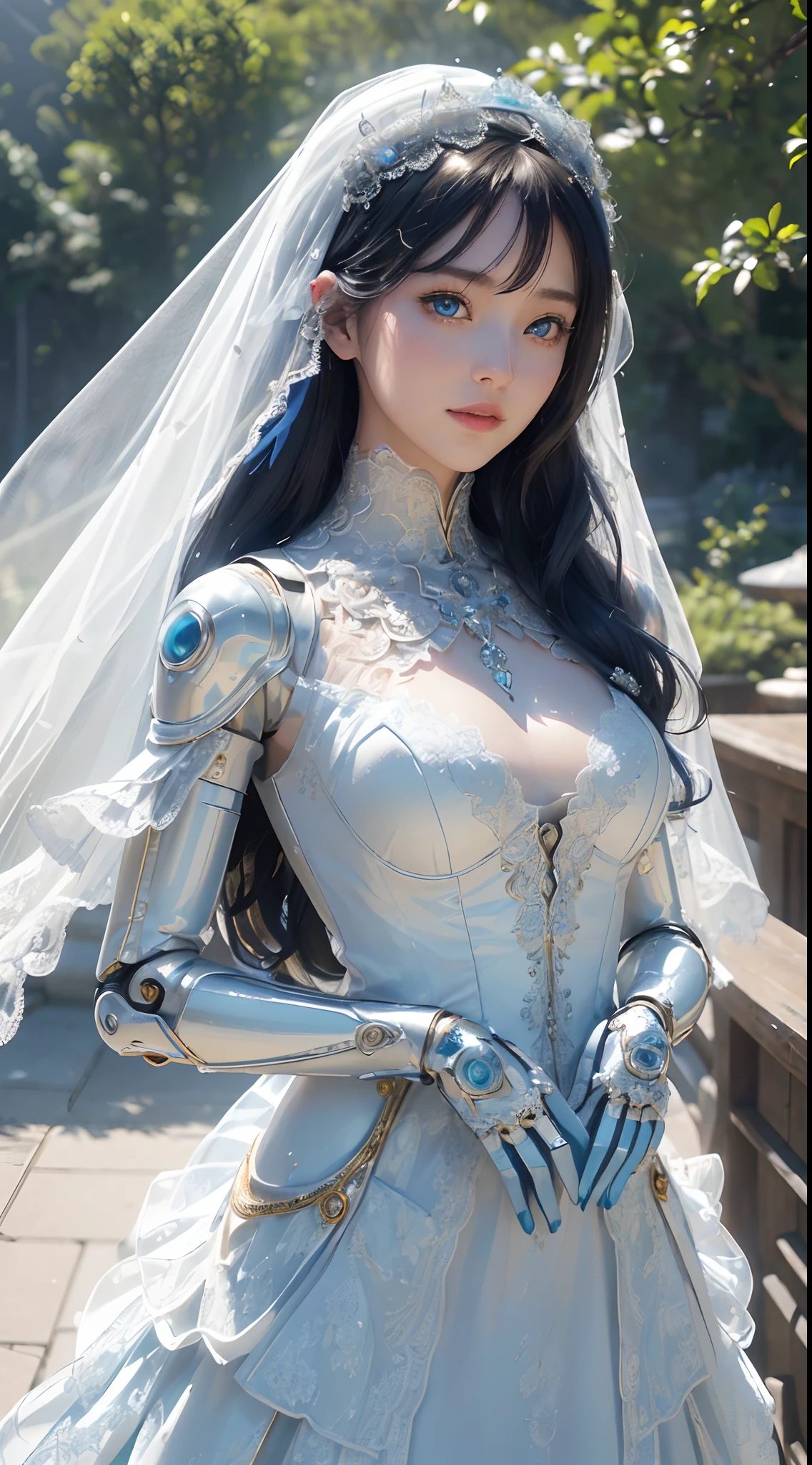 (High-res, 4K, Masterpiece:1.2),Ultra-detailed,(Realistic,photo-realistic:1.37),(Girl robot married in Japan),[((Mechanical limb))+Made of shiny gold and white clear glass and plastic], ((Vitreous blue eyes+Sharp focus))，(Delicate lace dress,Wearing a veil),(joyful expressions), , Vibrant colors, (sakurabackground), Bright sunlight。
