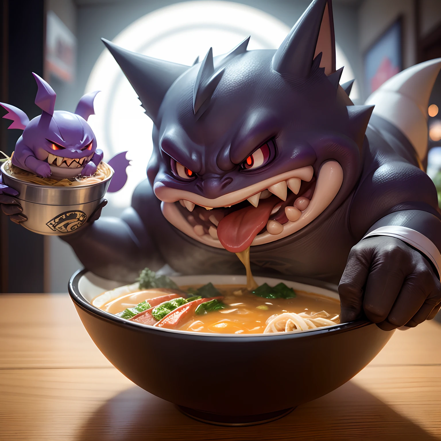 real ,pokemon gengar,flying over a bowl of ramen,tongue out,restaurant out of order,at night,hairless,without nose,body dark,translucent,hungry