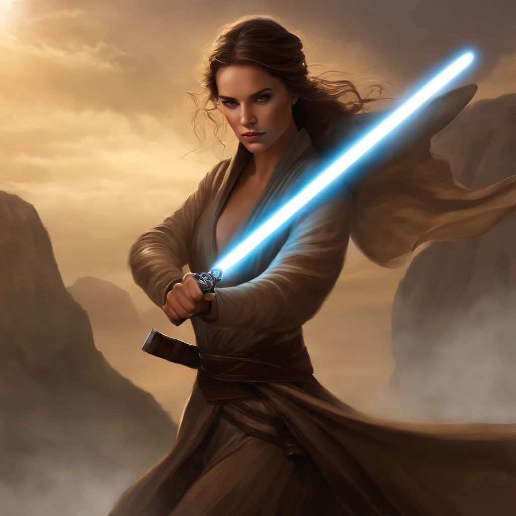 Arte conceitual de personagem ilustrada de uma mulher humana cavaleiro Jedi, Guerra nas Estrelas, slender physique, Braided wild brown hair blows in the wind, Jedi robes and tunic, black belt, carregando dois sabres de luz turquesa, altamente detalhado, estabelecendo tiro, Arte conceitual de Star Wars, selvagem e livre