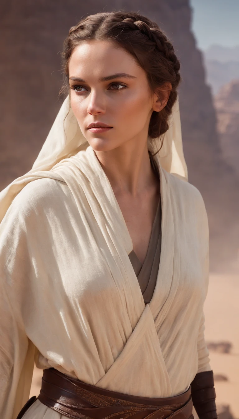 Arte conceitual de personagem ilustrada de uma mulher humana cavaleiro Jedi, Guerra nas Estrelas, slender physique, Braided wild brown hair blows in the wind, Jedi robes and tunic, black belt, carregando dois sabres de luz turquesa, altamente detalhado, estabelecendo tiro, Arte conceitual de Star Wars, selvagem e livre