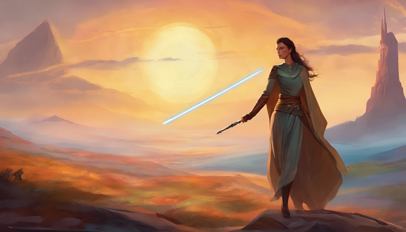 Arte conceitual de personagem ilustrada de uma mulher humana cavaleiro Jedi, Guerra nas Estrelas, slender physique, Braided wild brown hair blows in the wind, Jedi robes and tunic, black belt, carregando dois sabres de luz turquesa, altamente detalhado, estabelecendo tiro, Arte conceitual de Star Wars, selvagem e livre