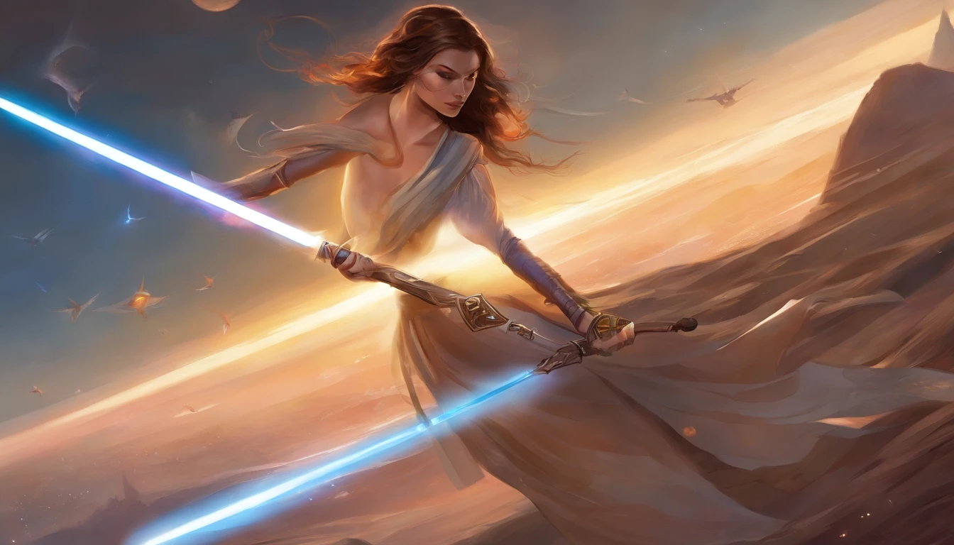 Imagem da mulher segurando um sabre de luz de Guerra nas Estrelas, rei, Guerra nas Estrelas, Personagem feminina solo, visual do filme star wars, curly hair, Cartaz de Guerra nas Estrelas, In a Star Wars sequel, Poster character, com espada de sabre de luz, Jedi Feminino, Personagem de Guerra nas Estrelas